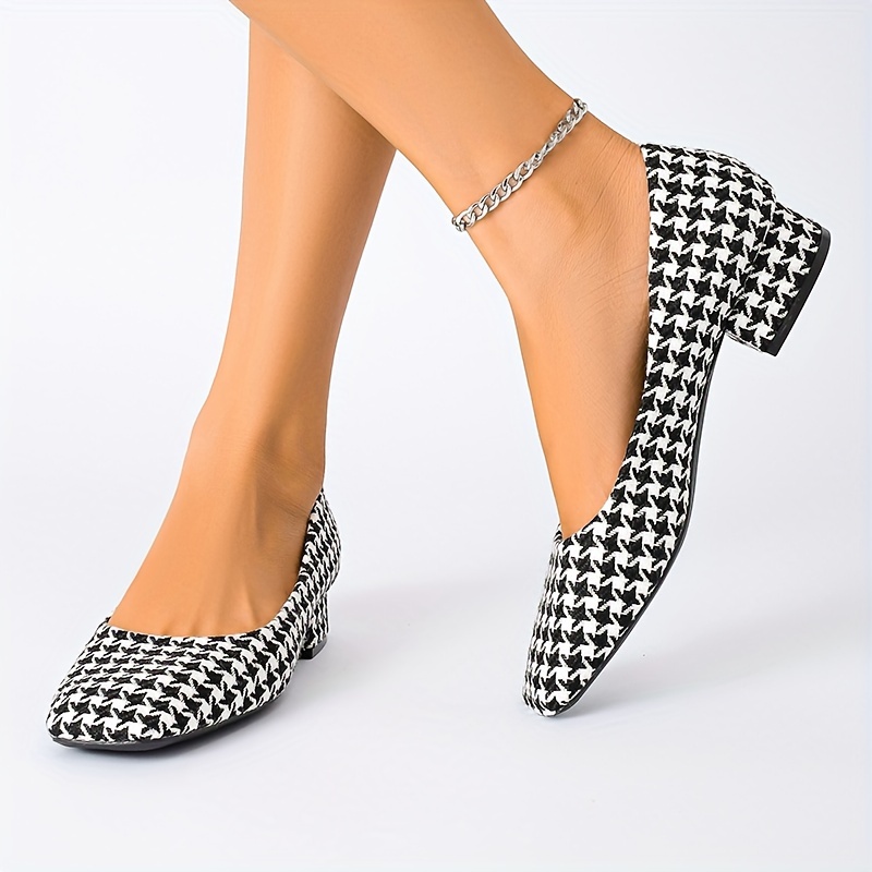 

Women's Square Toe Low Heels, Houndstooth Pattern Slip On Shoes, Comfy All-match Work Shoes