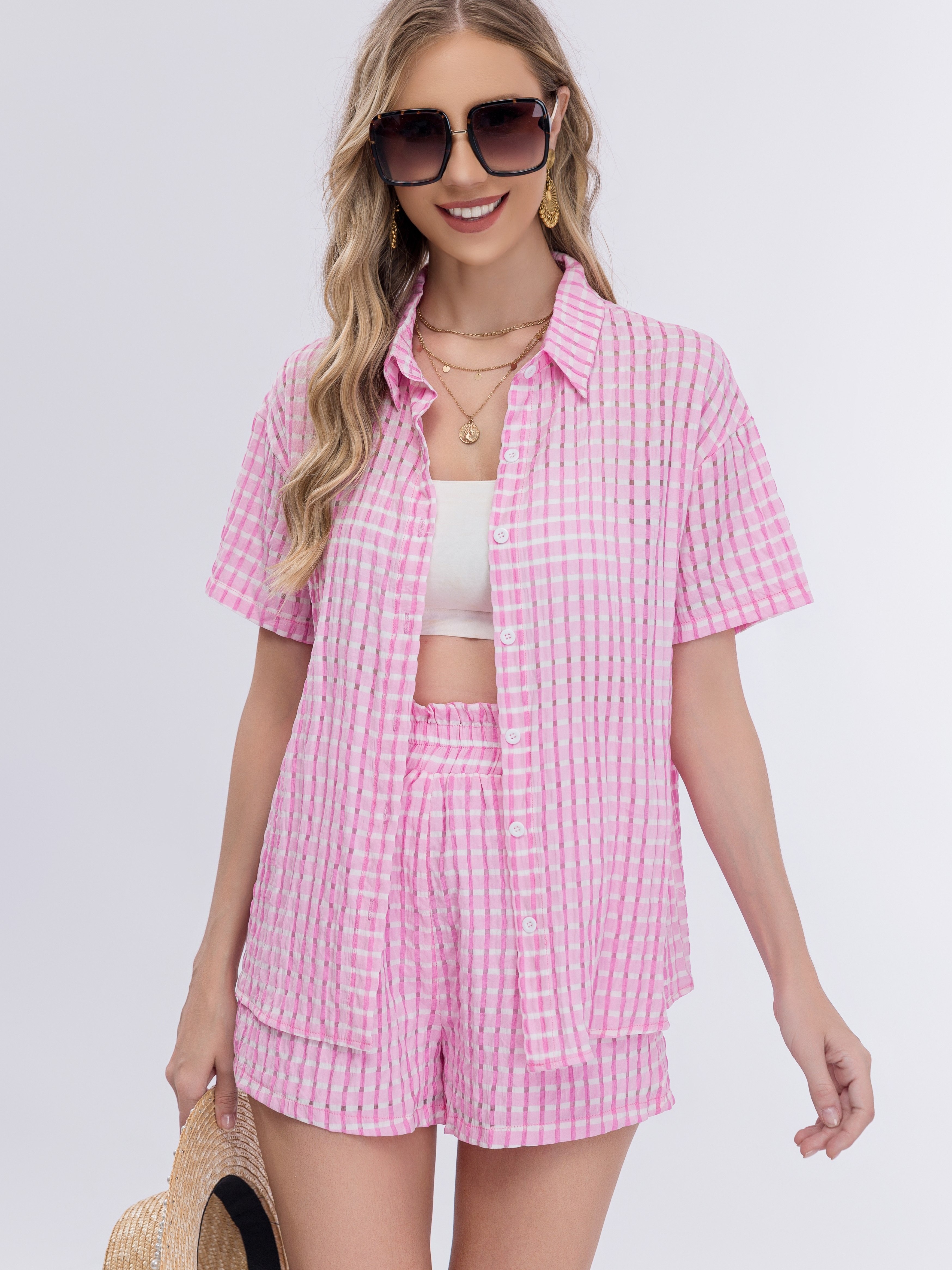 Solid Plaid Pattern Two piece Set Collar Short Sleeve Temu New Zealand