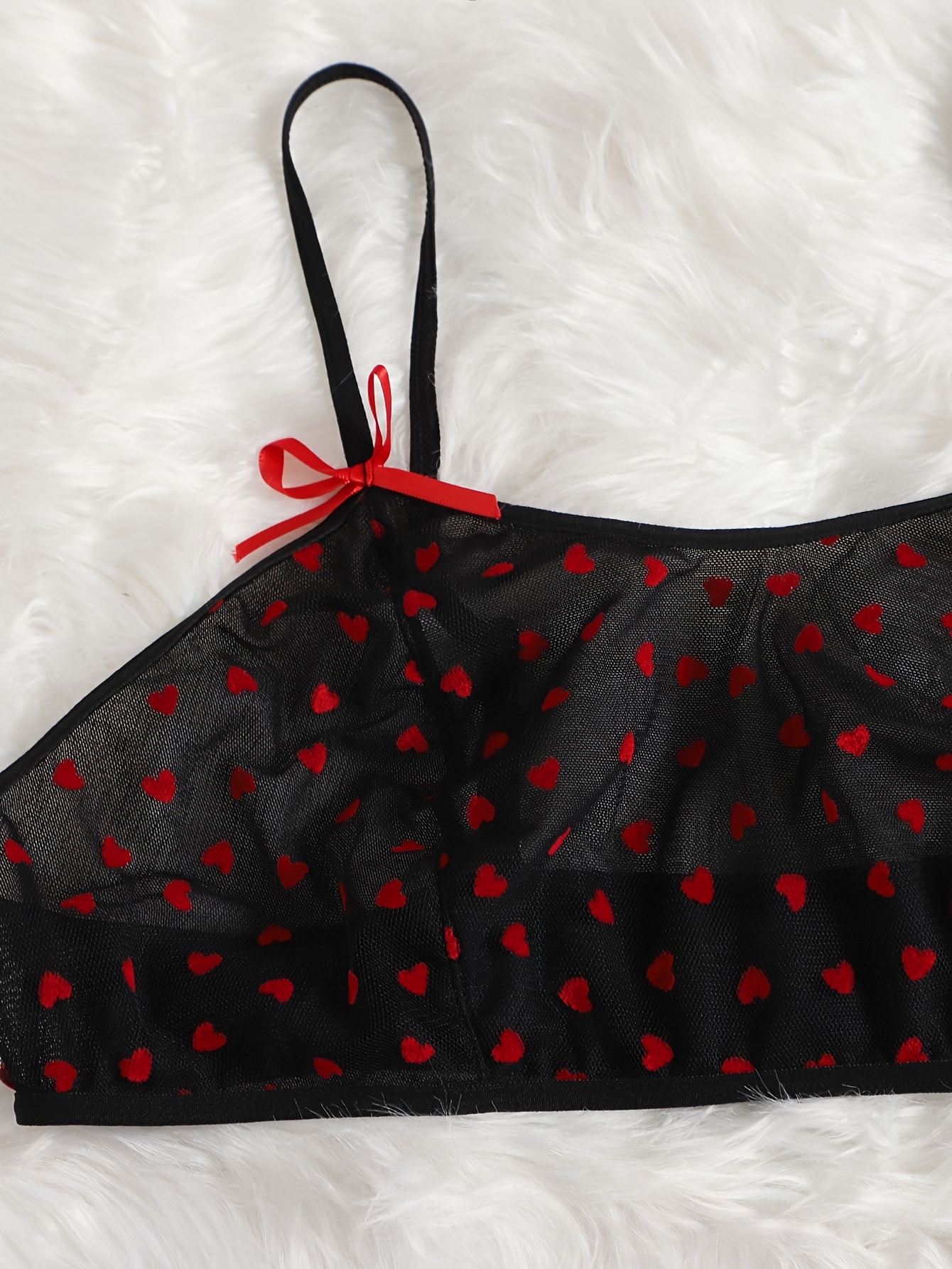Women's Valentine's Day Sexy Lingerie Set, Plus Size Heart Pattern Bow  Front Semi Sheer Bra & Panty Lingerie 2 Piece Set
