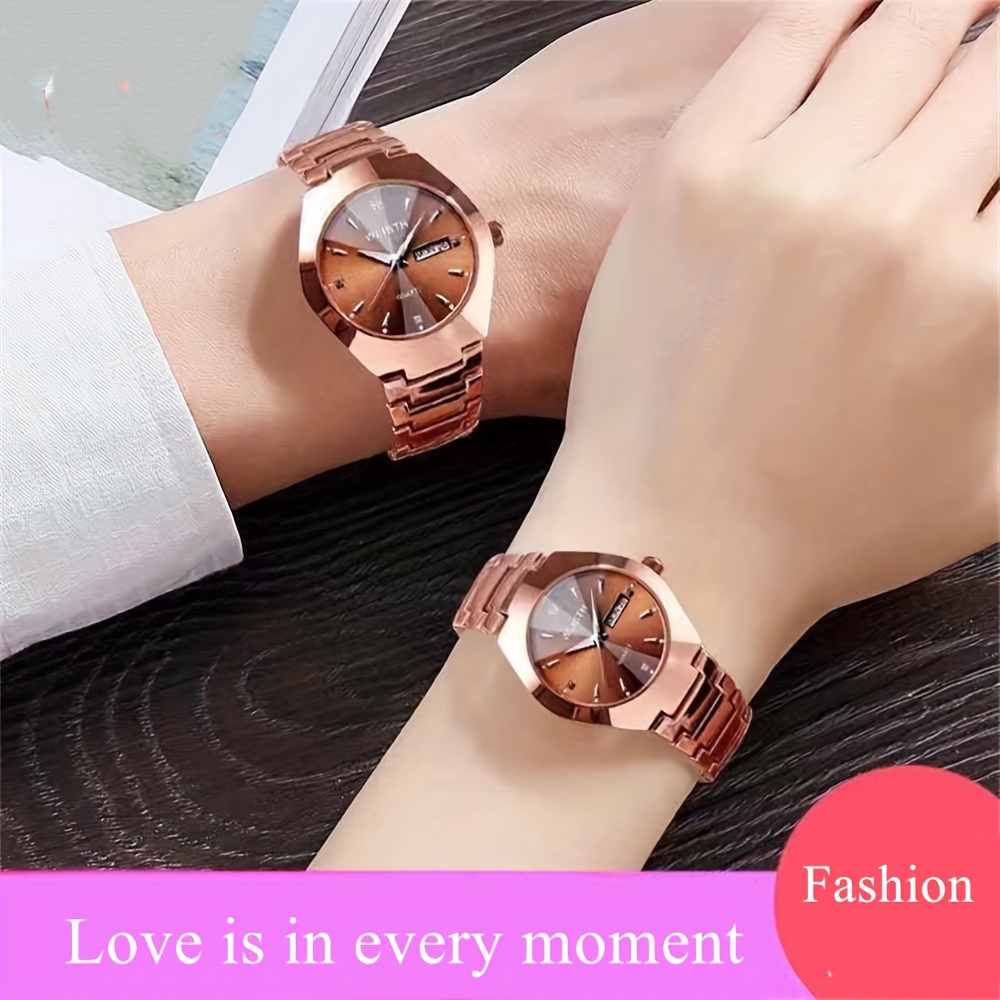 Ensemble De 2 Montres À Quartz De Luxe Pour Couples, Cadran De Date Doré Rose, Montre Analogique, Cadeau De La Saint-Valentin Pour Femmes Et Hommes 8