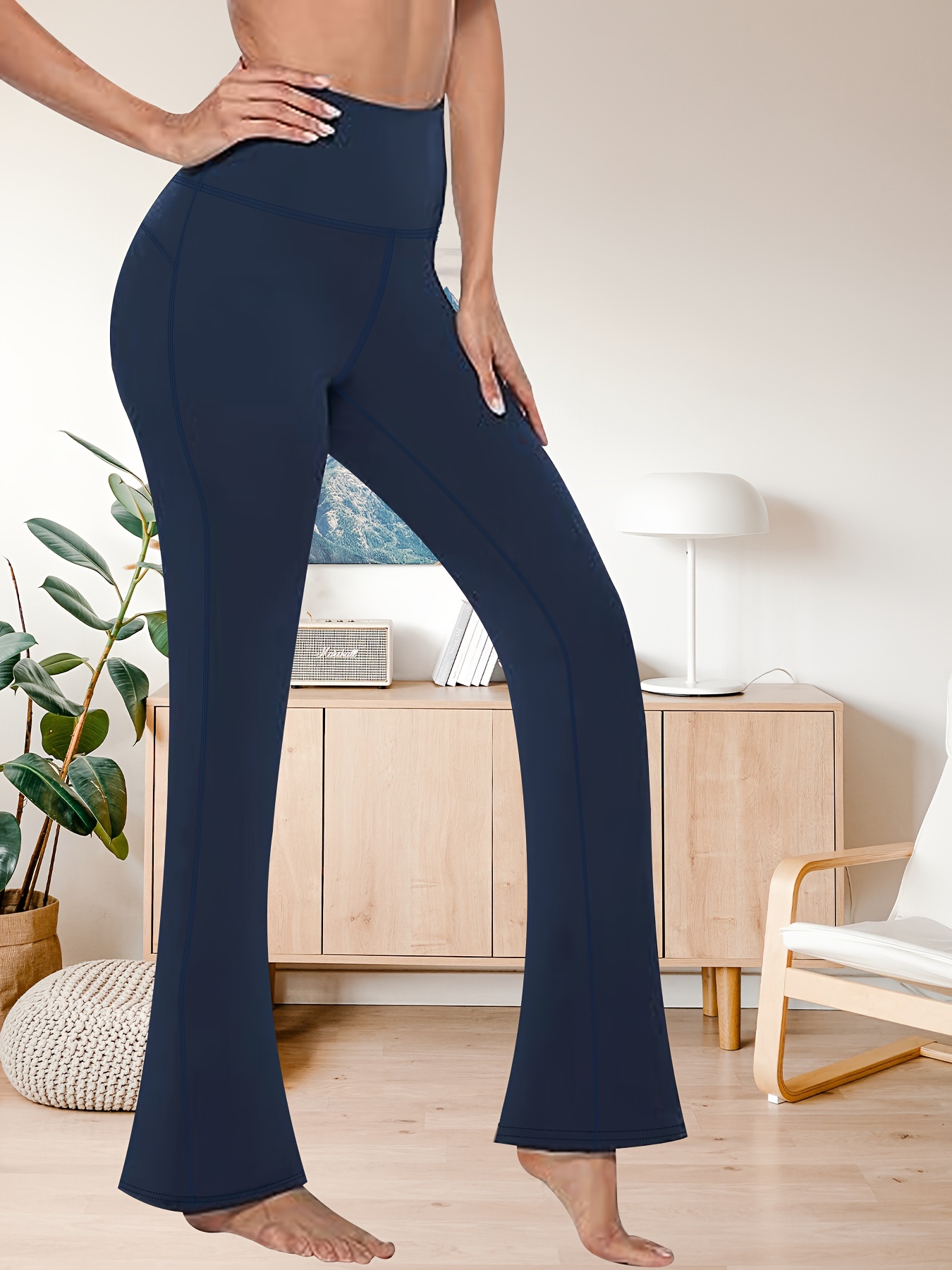 Solid Color Flare Leg Pants Elegant High Waist Slim Pants - Temu Canada