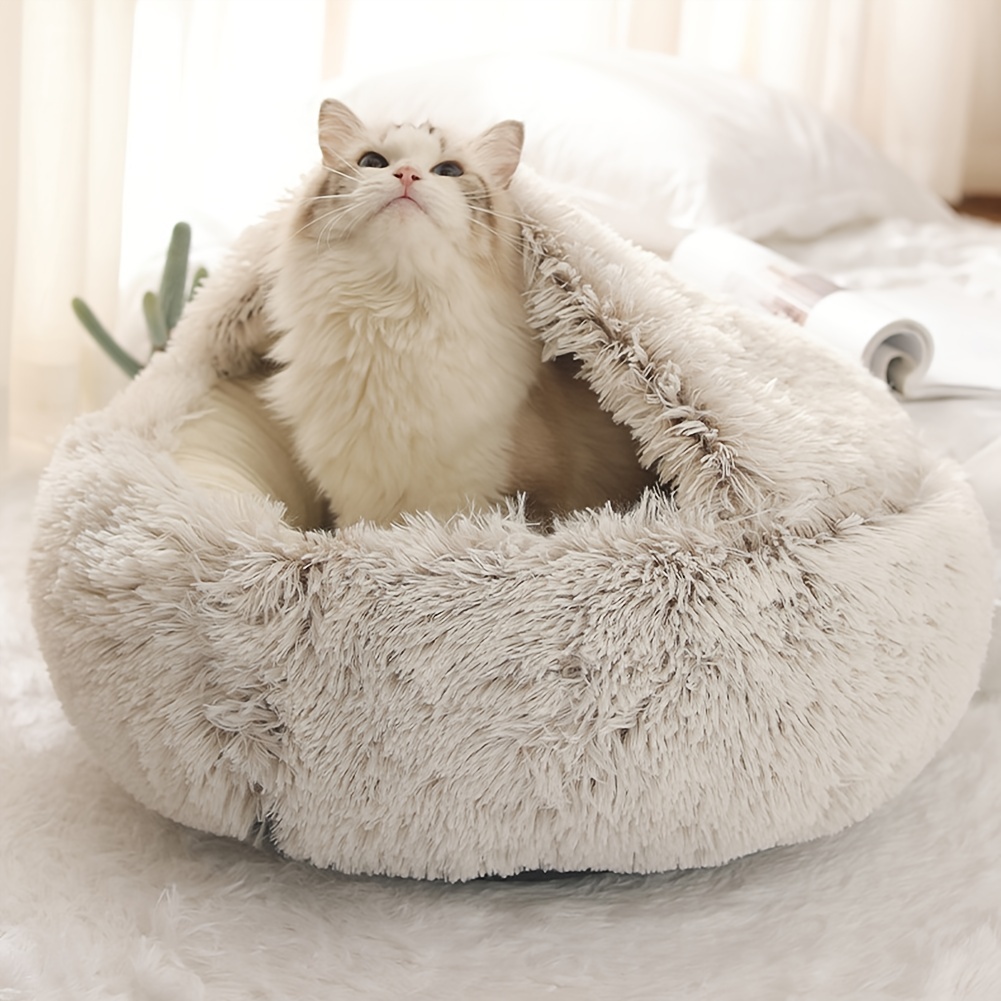 Plush Hooded Cat Cave Bed Round Pet Sleeping Cushion Bed