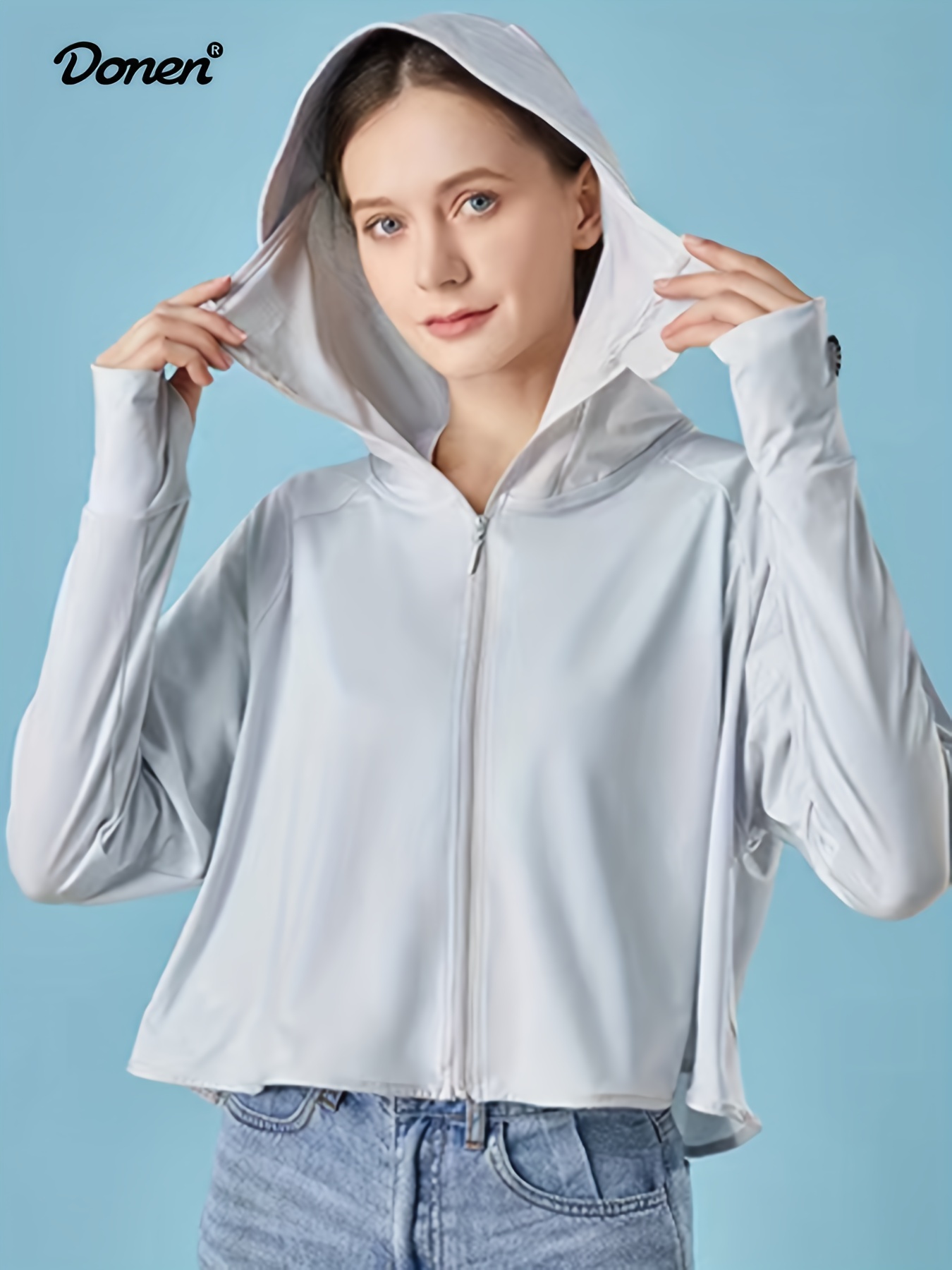 Women's Uv Protection Sun Shirt Hood Thumb Holes Zipper - Temu