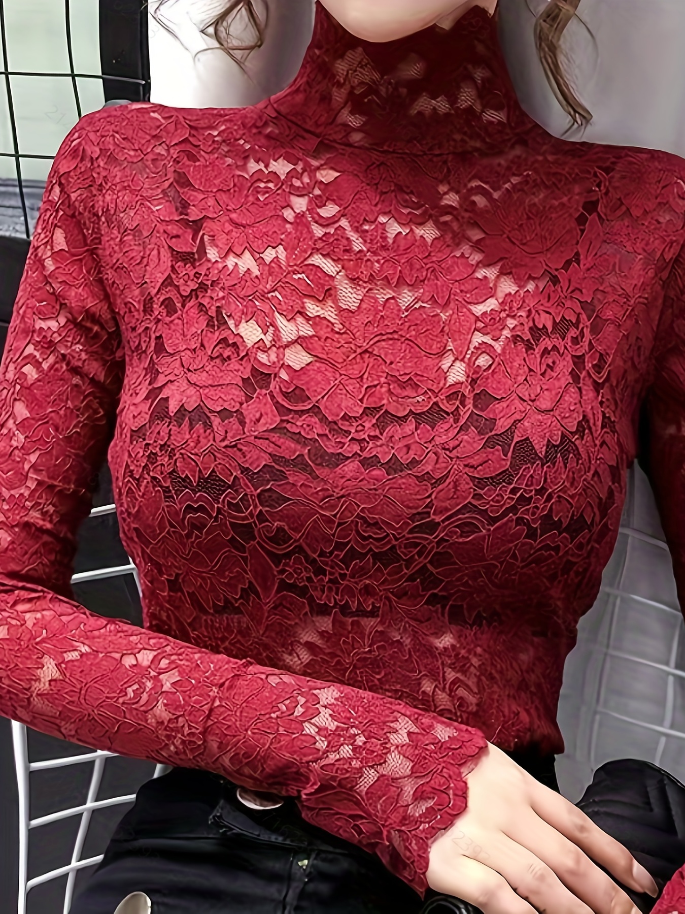 Abstract Lace Mock Neck Long Sleeve Top