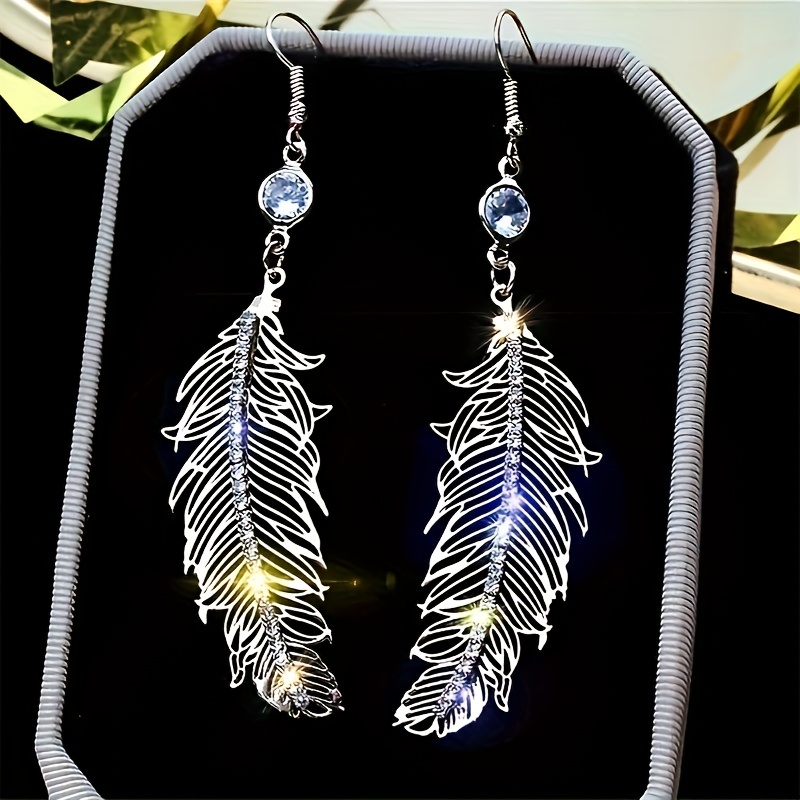 

Elegant Long Feather Earrings Crystal Dangle Earrings Women Wedding Engagement Ear Jewelry Gift
