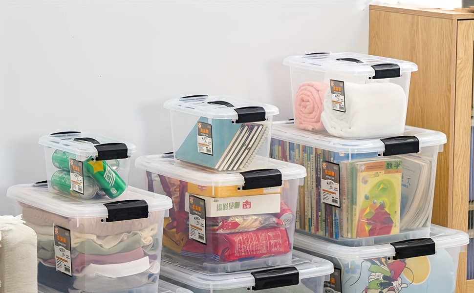 Plastic Storage Bins With Lid And Buckles Clear Stackable - Temu