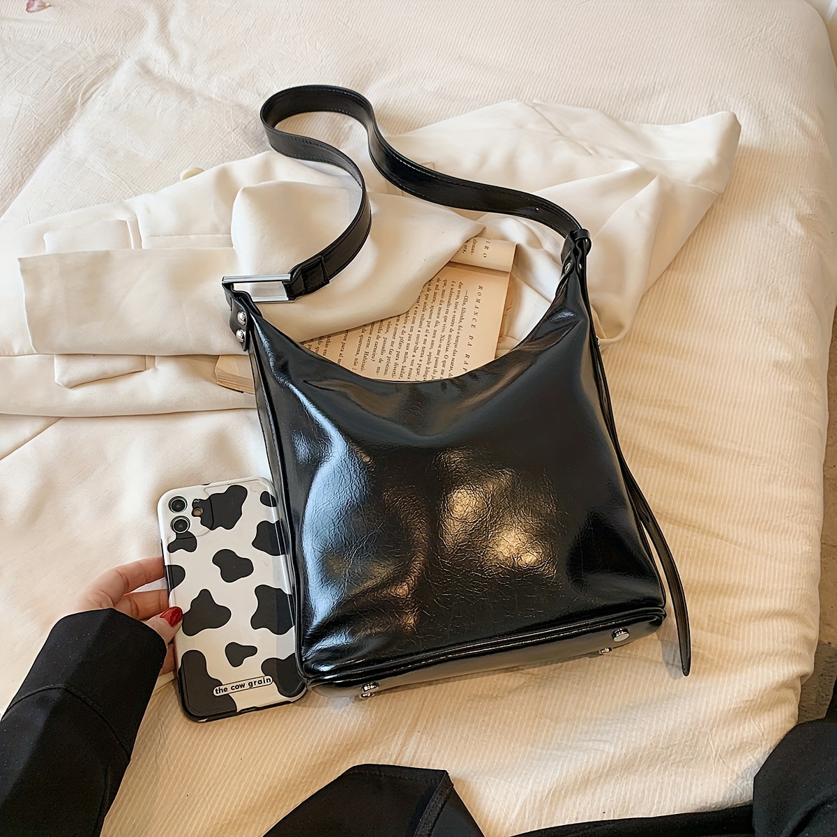 Gucci Black Grained Leather Shoulder Hobo Bag