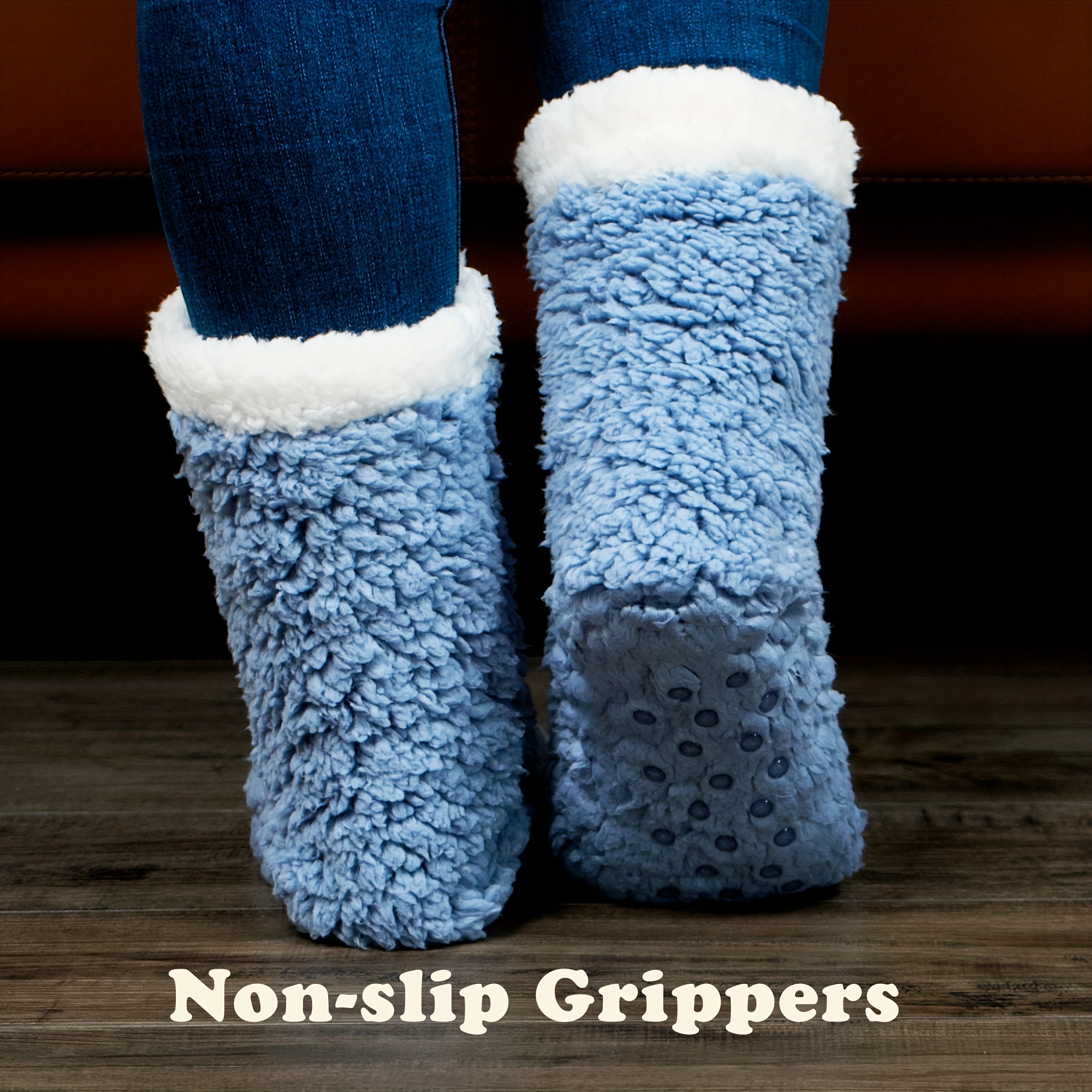 Indoor Floor Non-Slip Thermal Socks,Woven and Velvet Indoor Socks Slippers, Women Winter Non-Slip House Slipper Socks Thermal Socks Winter  (Grey,9.5-10.5) 