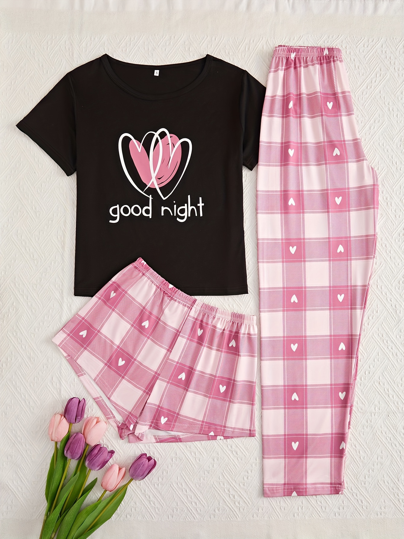 Heart Print Pajama Set Short Sleeve Crew Neck Top Shorts Temu