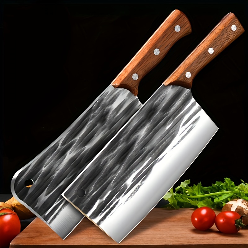 2Pcs Hand Forged Kitchen Knives, Stainless Steel Damascus Cleaver