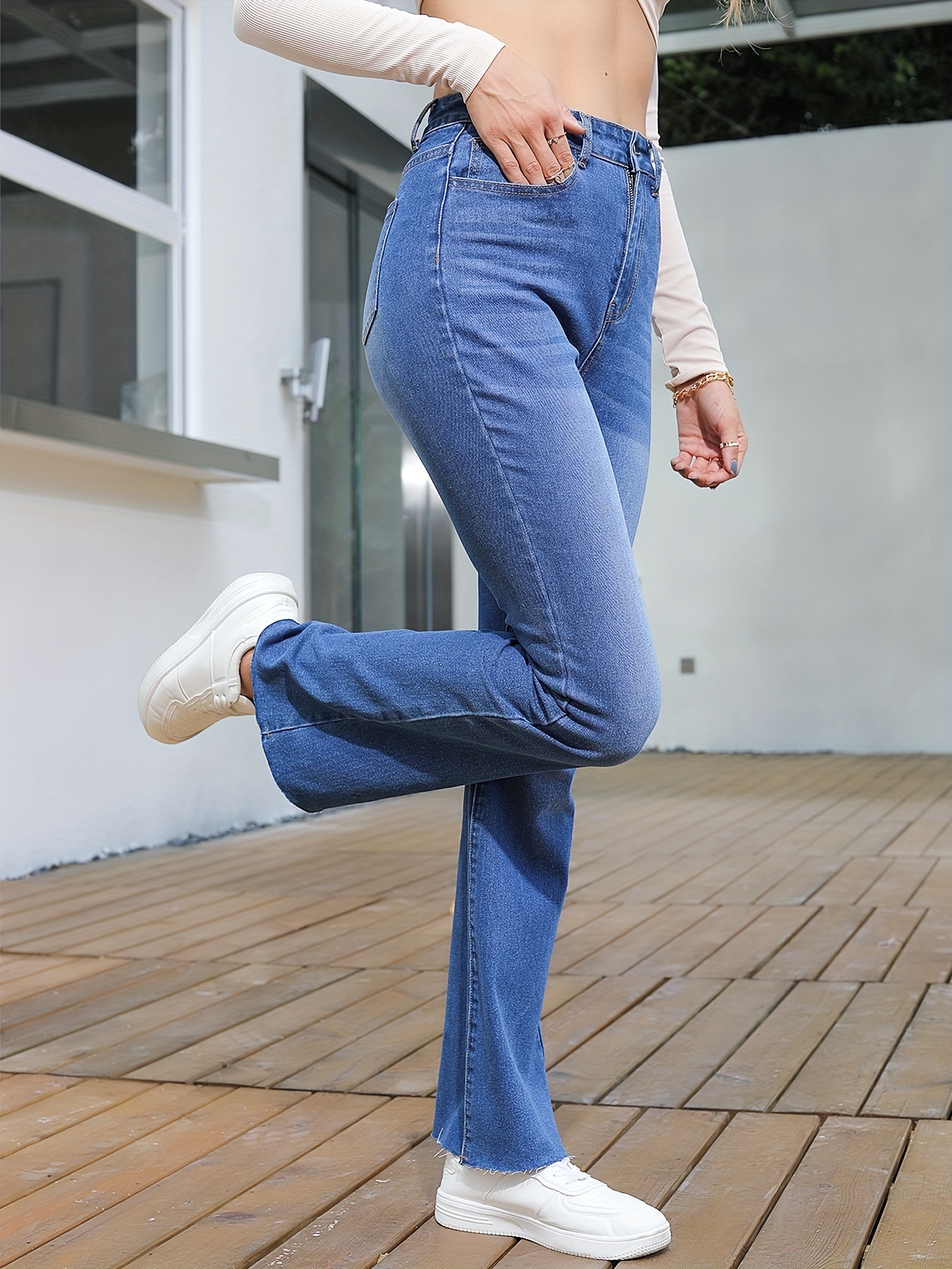 Blue High Waist Flare Jeans Slash Pockets High Bell - Temu Kuwait