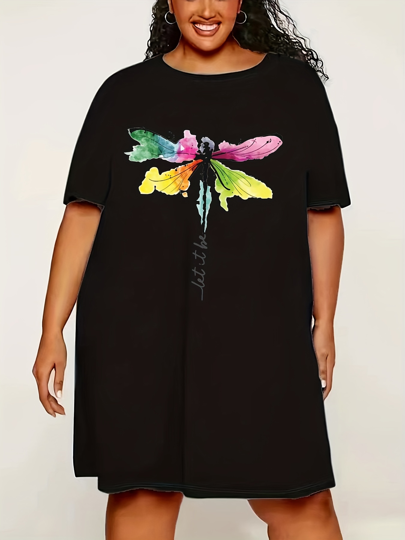 Plus Size Comfort Sleep Dress, Women's Plus Dragonfly Print Short Sleeve  Round Neck Sleep Dress - Temu Canada