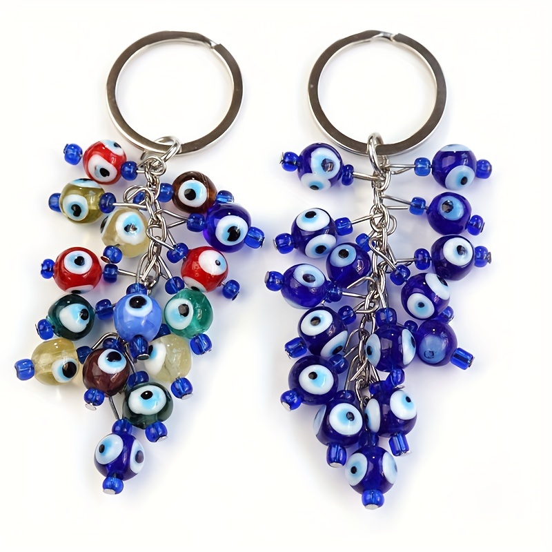 Handmade Blue Beaded Bag Charm Key Chain With Flower Charm