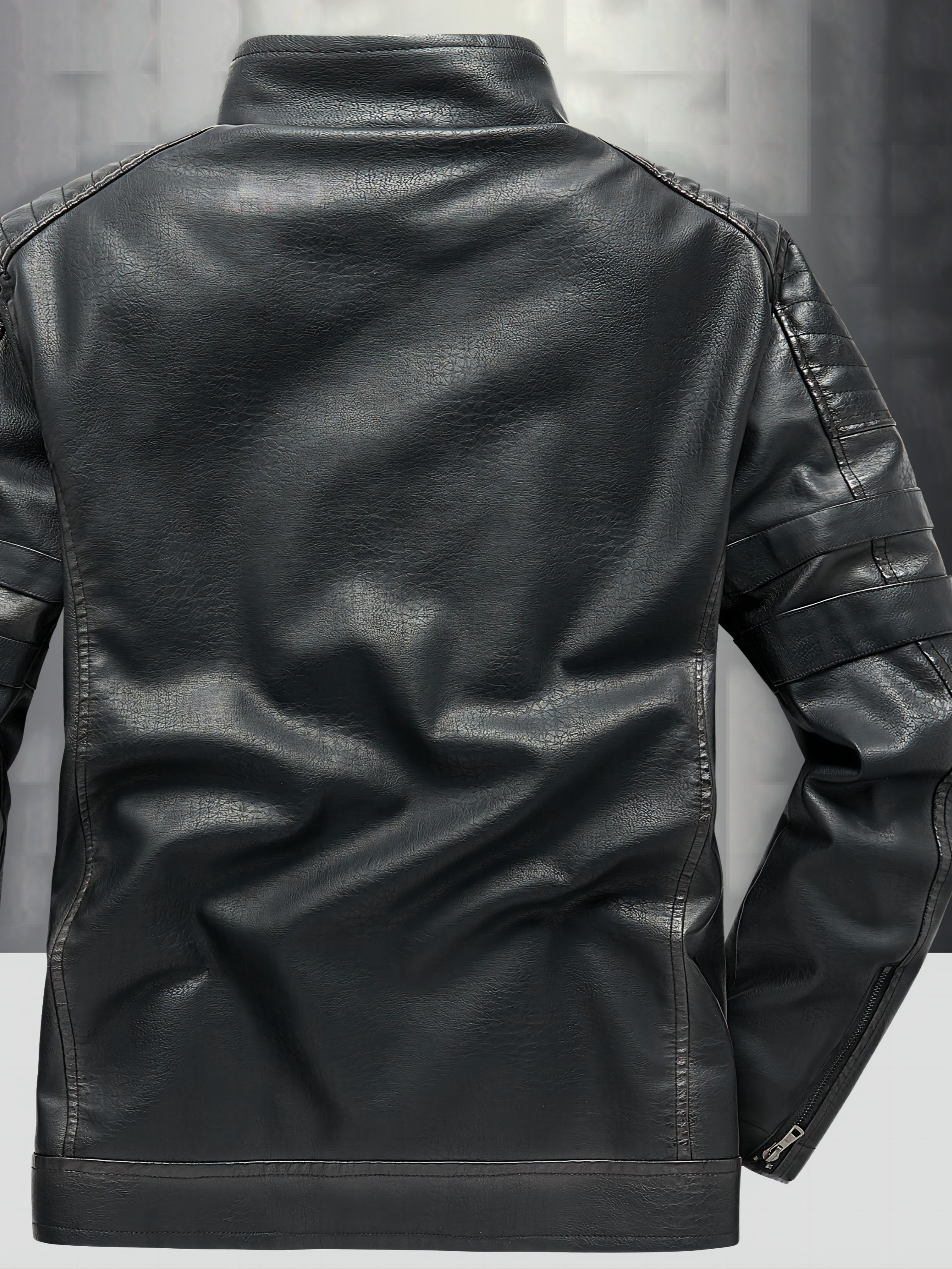 Men's Faux Leather Fleece Lined Jacket Vintage Stand Collar Motorcycle PU  Leather Outwear Coat