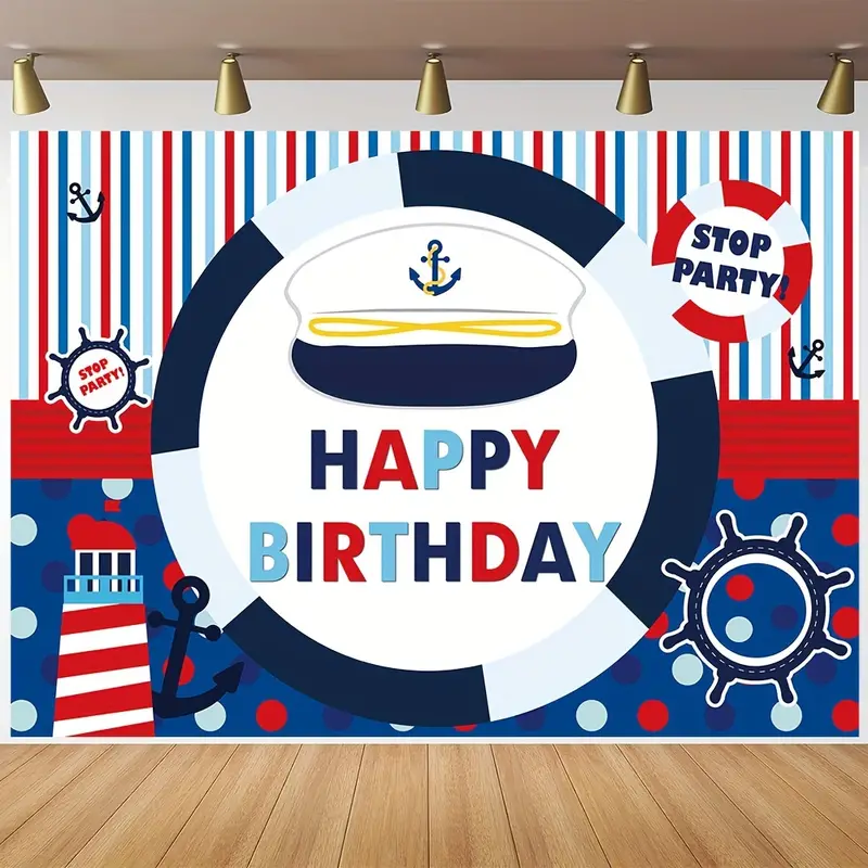 1pc, Nautical Happy Birthday Photography Backdrop, Vinyl Helm Flag Navy  Blue Pattern Baby Shower Party Cake Table Decoration Banner Photo Booth  Props