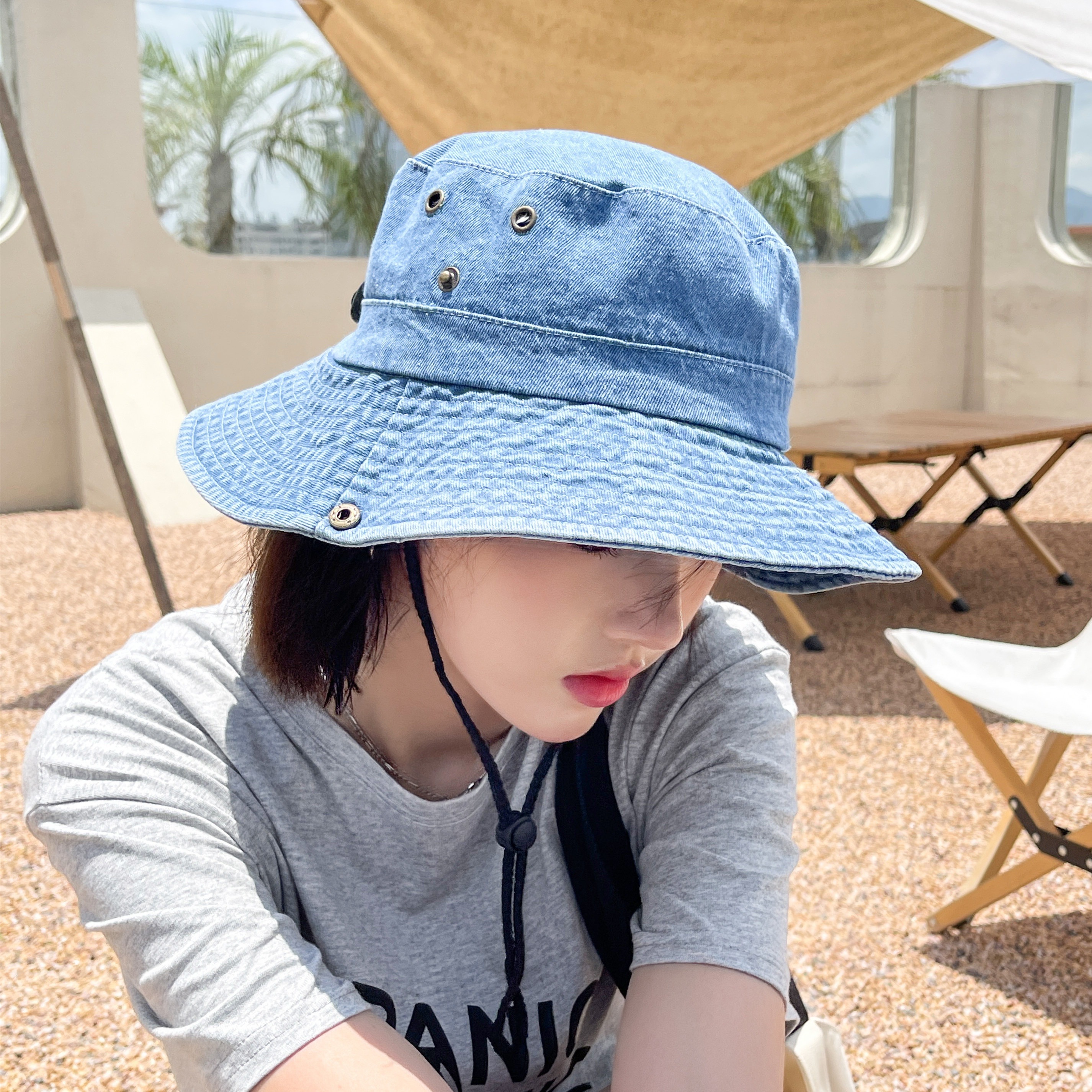 Vintage Denim Bucket Hat Solid Color Washed Distressed Sun Hats Foldable  Boonie Hats For Women Girls