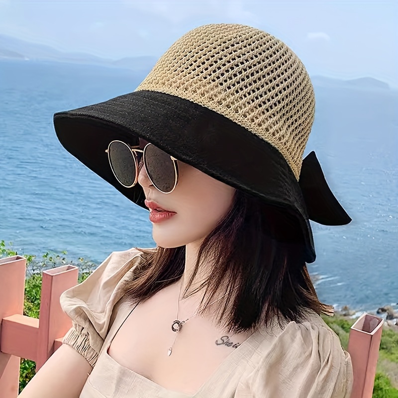 Black Bow Bucket Hat Roll Brim Breathable Straw Hats Outdoor