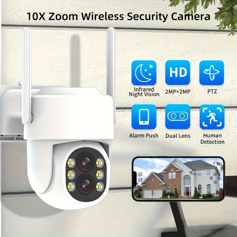 Security Cameras Wireless Outdoor WiFi with 360°PTZ, 10X Zoom Cameras for  Home Surveillance,PIR Detection/2MP+2MP Color Night Vision/2-Way  Talk/Cloud(Need to pay)/SD(Not contain)