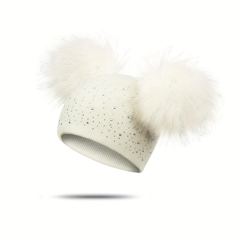 1pc White Knitted Beanie Hat With Pom-pom Ball For Kids, Winter
