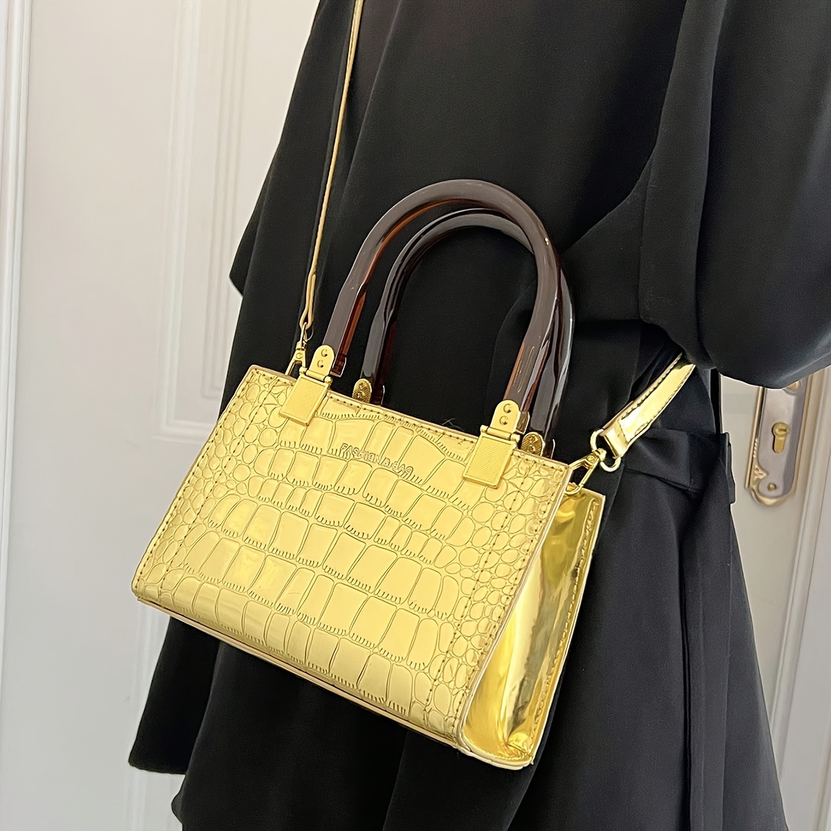 Elegant Crocodile Pattern Satchel Bag, Classic Pu Leather Top Handle Bag,  Women's Solid Color Shoulder Bag - Temu