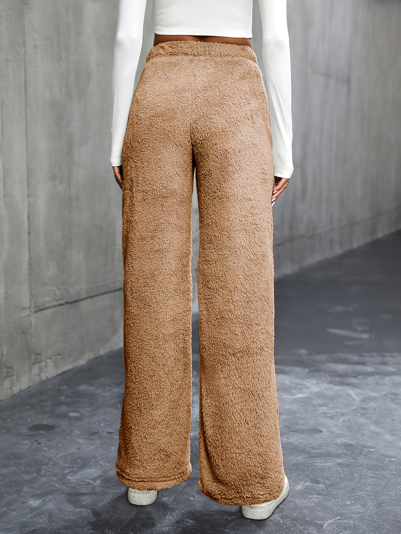 Solid Faux Fur Pants Versatile Elastic Waist Straight Leg - Temu Belgium