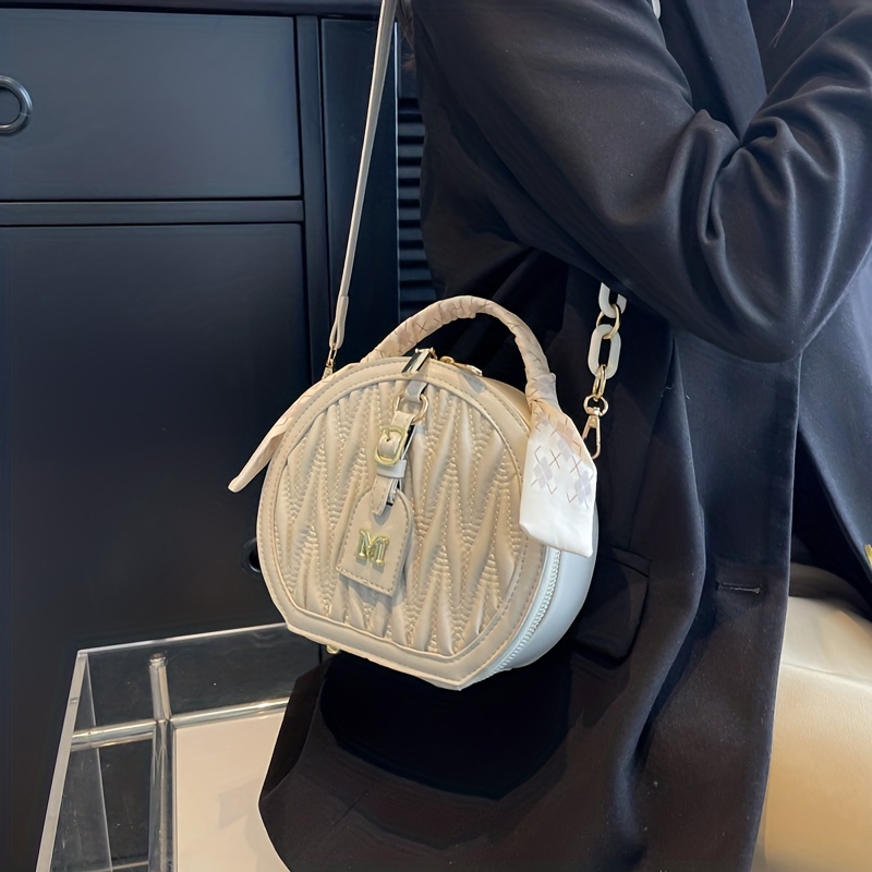 Quilted Round Handbag, Scarf Decor Chain Crossbody Bag, Women's Pu