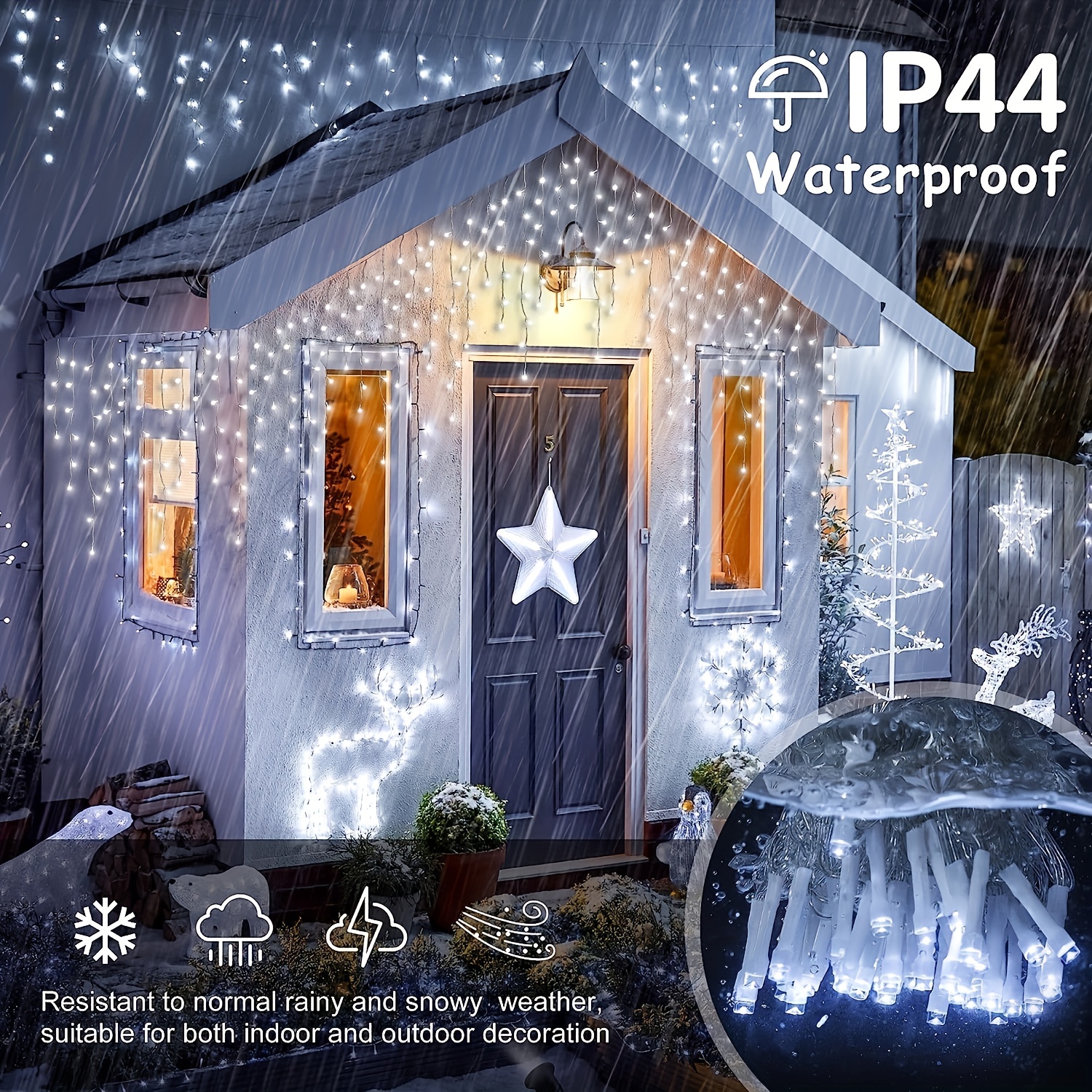Christmas Snowflake Icicle Lights Outdoor Decoration, LED String Lights 8  Modes, Hanging Twinkle Fairy Lights for Roof Window Home Party Garden Yard