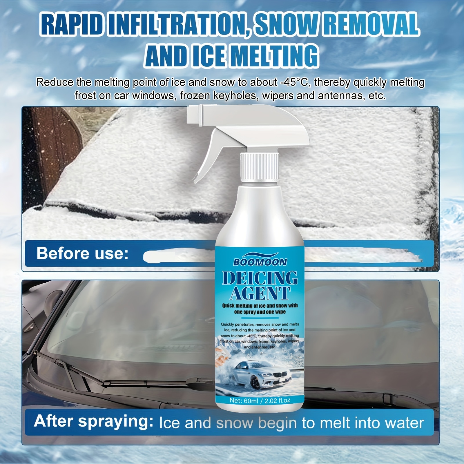 Ice-Off Windshield Spray 60ml Powerful Snow And Frost Remover