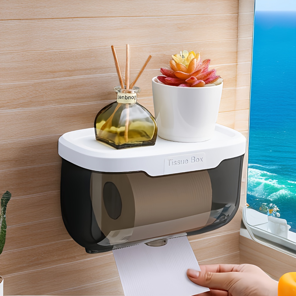 

1pc Wall Mounted Toilet Paper Holder With Drawer, Self-adhesive Bathroom Roll Dispenser, Home Cleaning Tool