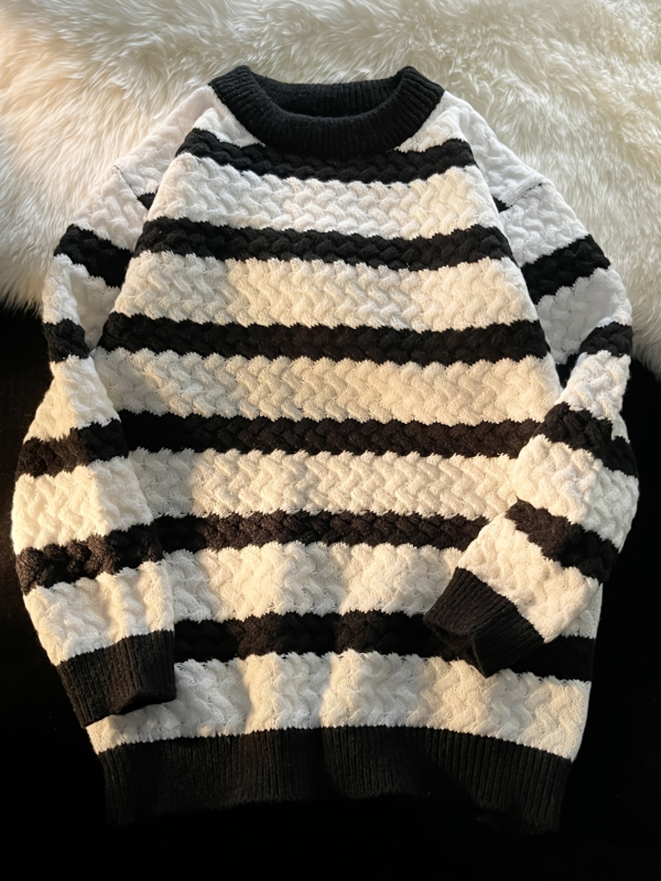 Men's Striped Knitted Oversized Pullover Sweatshirt, Casual Trendy
