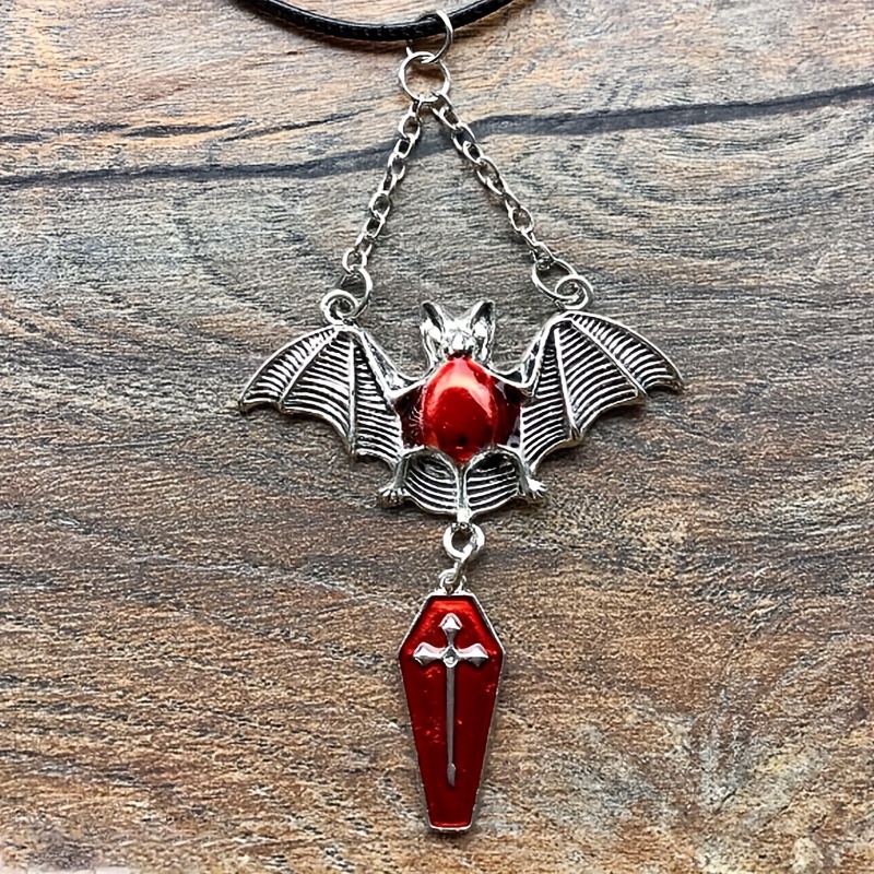 1pc Silver and Red Bat Coffin Gothic Halloween Bohemian Black Rope Necklace for Men,Temu