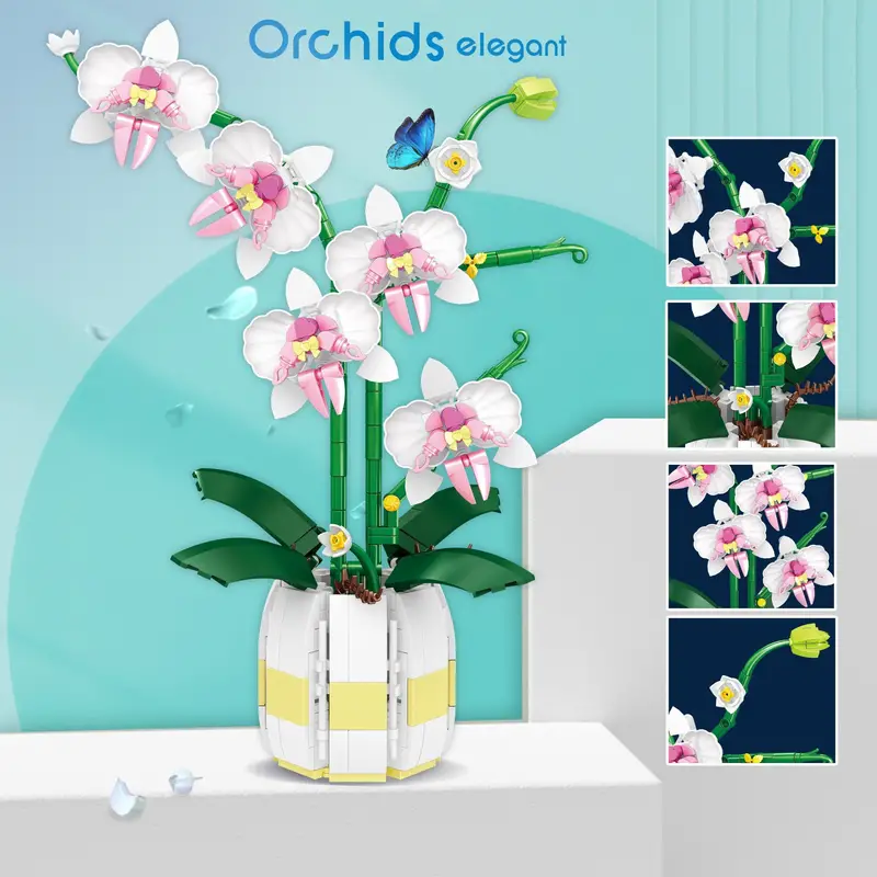 Orchid Plant Decor Building Set for Adult, Flower Botanical Bonsai