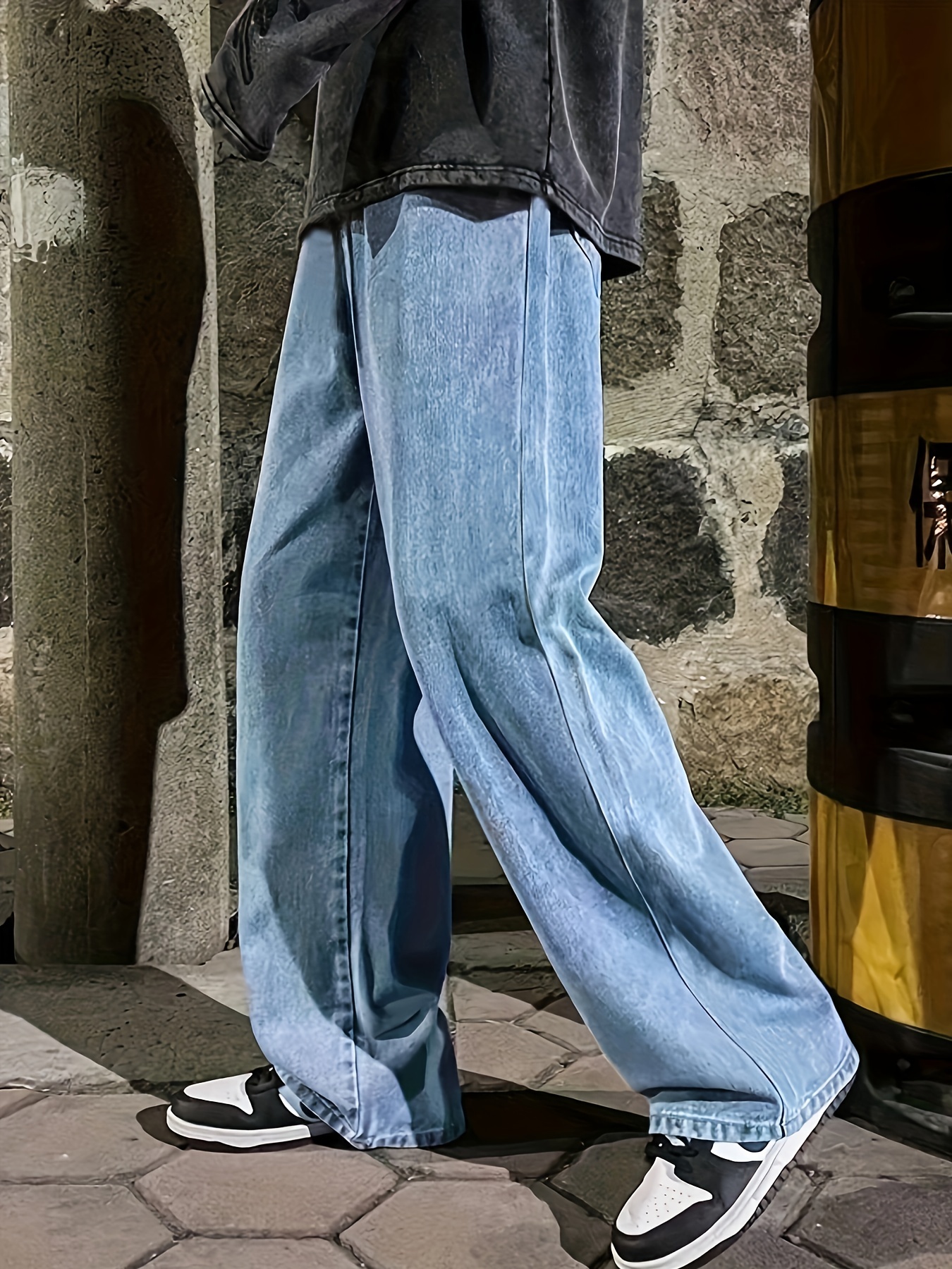 New Men Denim Wide-Leg Pants Korean Style Straight Light Blue Baggy Jeans  Elastic Waist Student Trousers Male Black Gray : : Clothing, Shoes  & Accessories