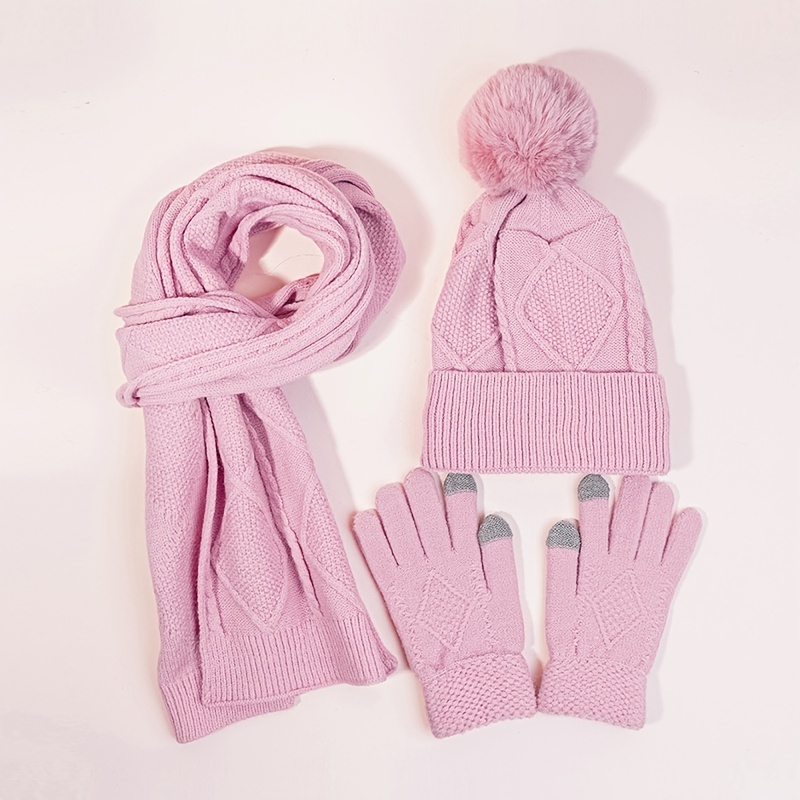 Beanie Hat Scarf and Gloves Set, Womens Winter Warm Knitted Hat Thick Skull Cap 3 in 1 For Cold Weather (Pink)