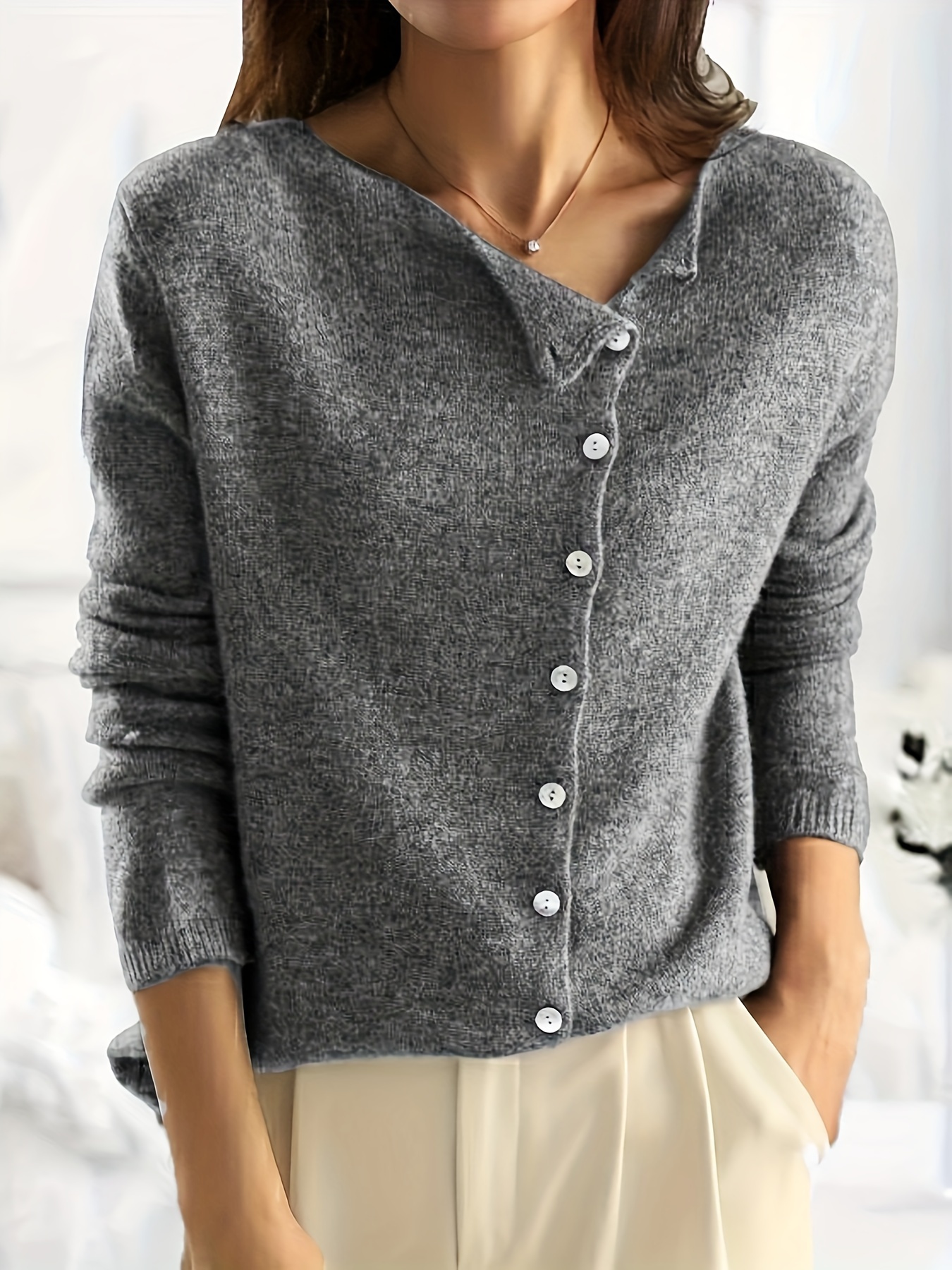 Solid Asymmetrical Button Front Knit Cardigan Casual Crew - Temu