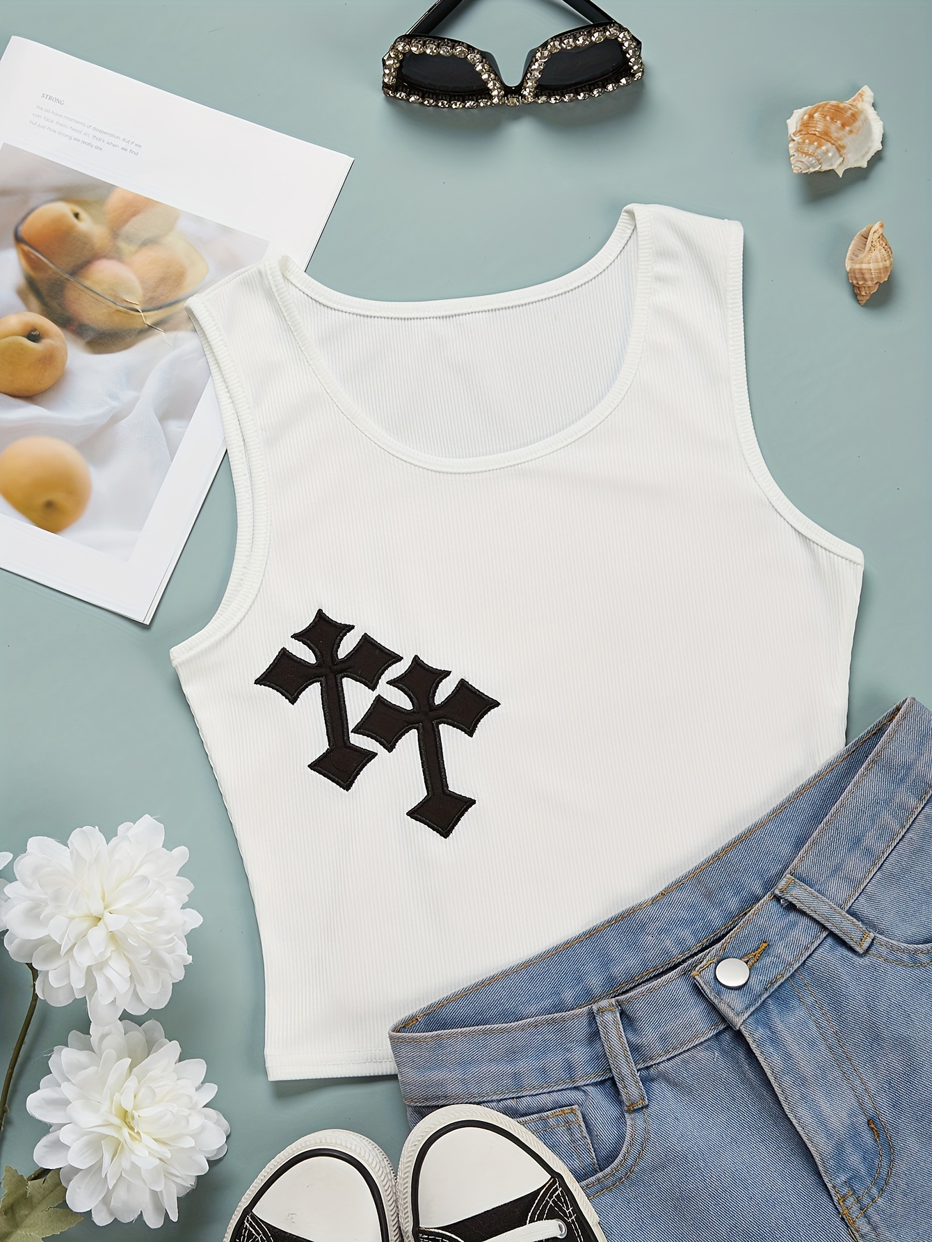 Dual Cross Pattern Embroidered Crop Tank Top, Y2K Sleeveless Crop Top For  Summer, Women's Clothing