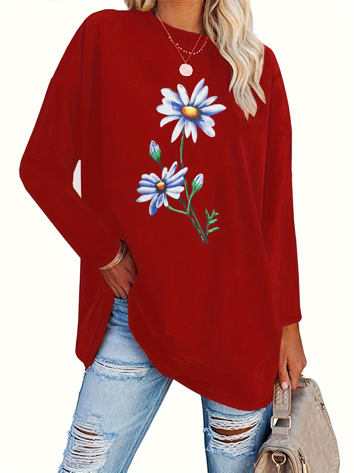 Plus Size Casual Top Women's Plus Floral Print Long Sleeve - Temu