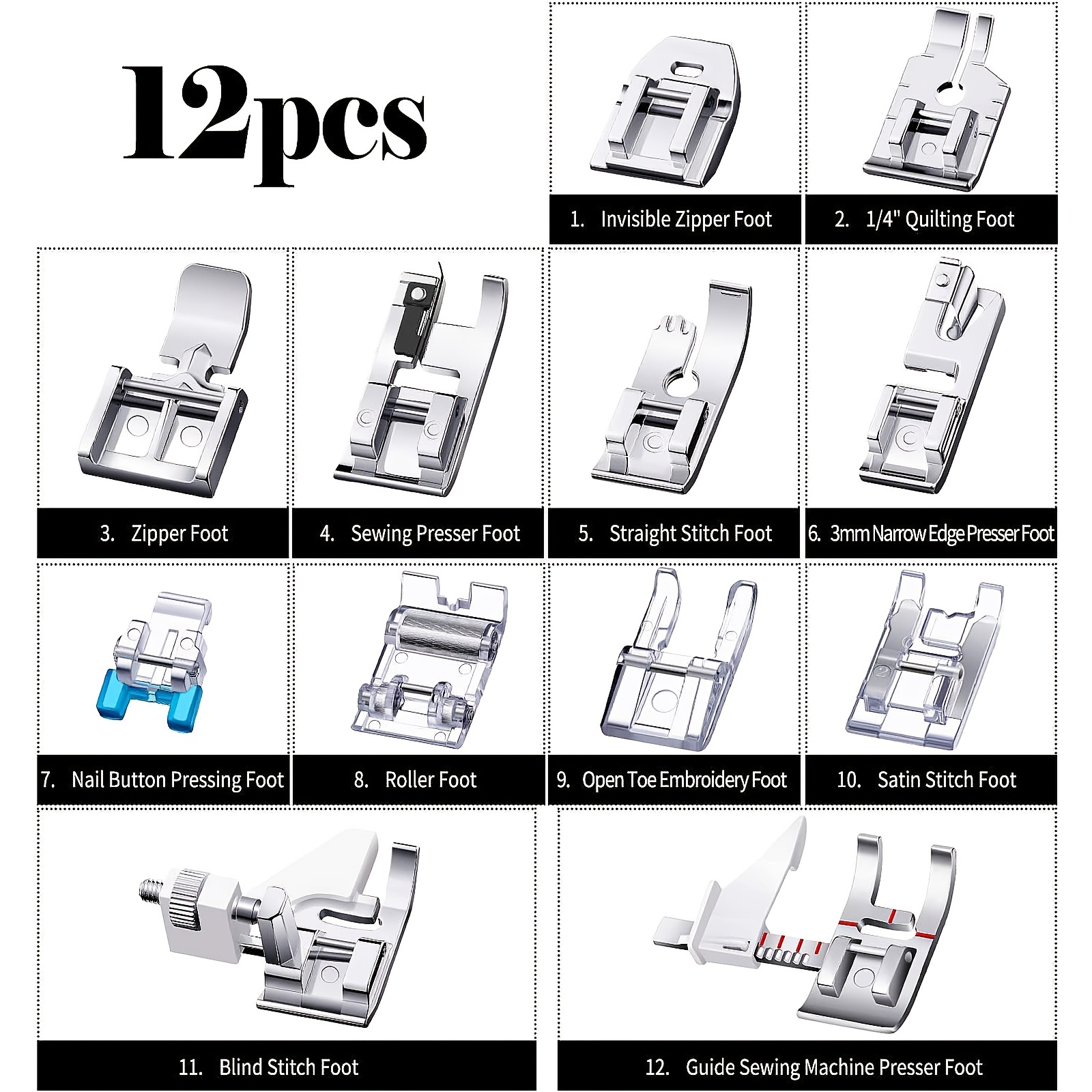 Universal 15 Piece Sewing Machine Presser Walking Feet Kit - OEM Suitable  for Babylock Janome Brother New Home Singer Kenmore Simplicity Toyota Necchi