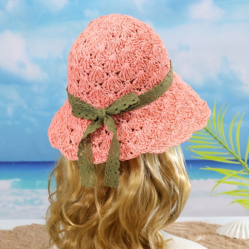 Lace Strap Bowknot Sun Hat Uv Protection Hollow Crochet - Temu Malta