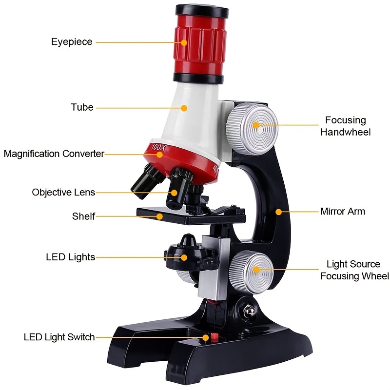 Microscopio para niños 100x-1200x, Kit de microscopio para principiantes, con  microscopio, muestra de diapositiva de plástico, luz led, kit de vástago de  experimento científico