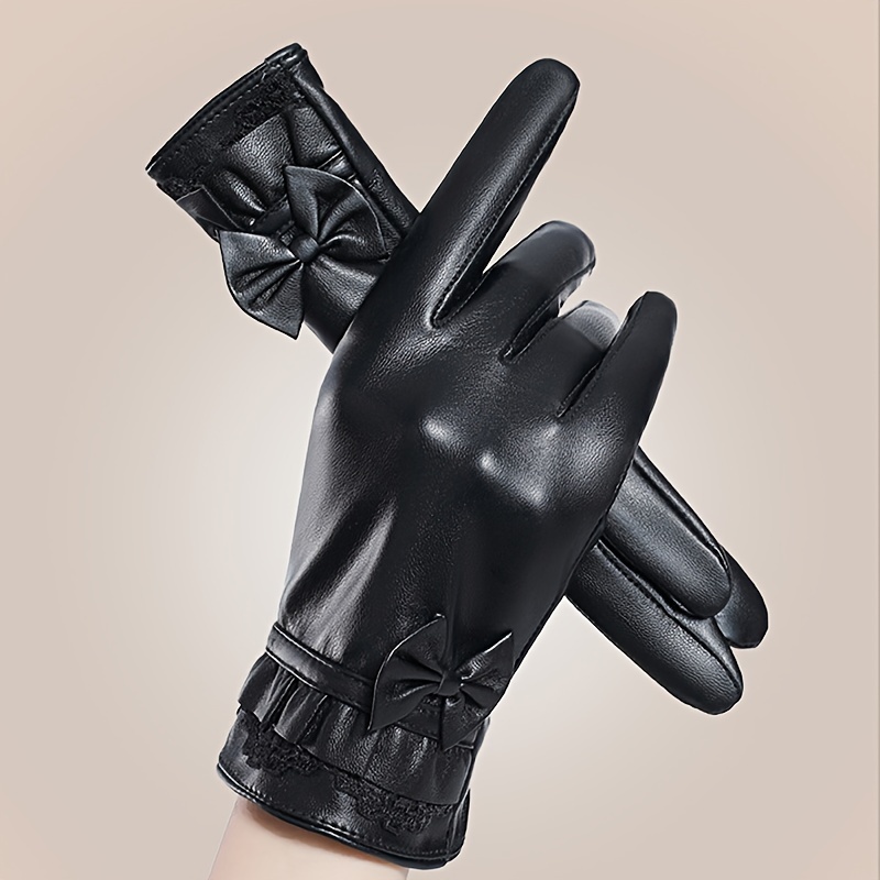 Guantes De Cuero De Pu Con Lazo Negro Para Mujer Guantes - Temu