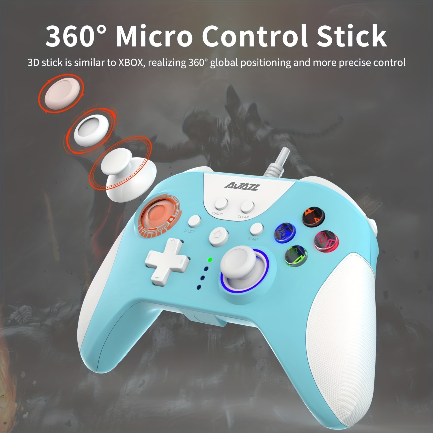Wired Game Controller com 360 ° 3D Joystick, Gamepad com Função