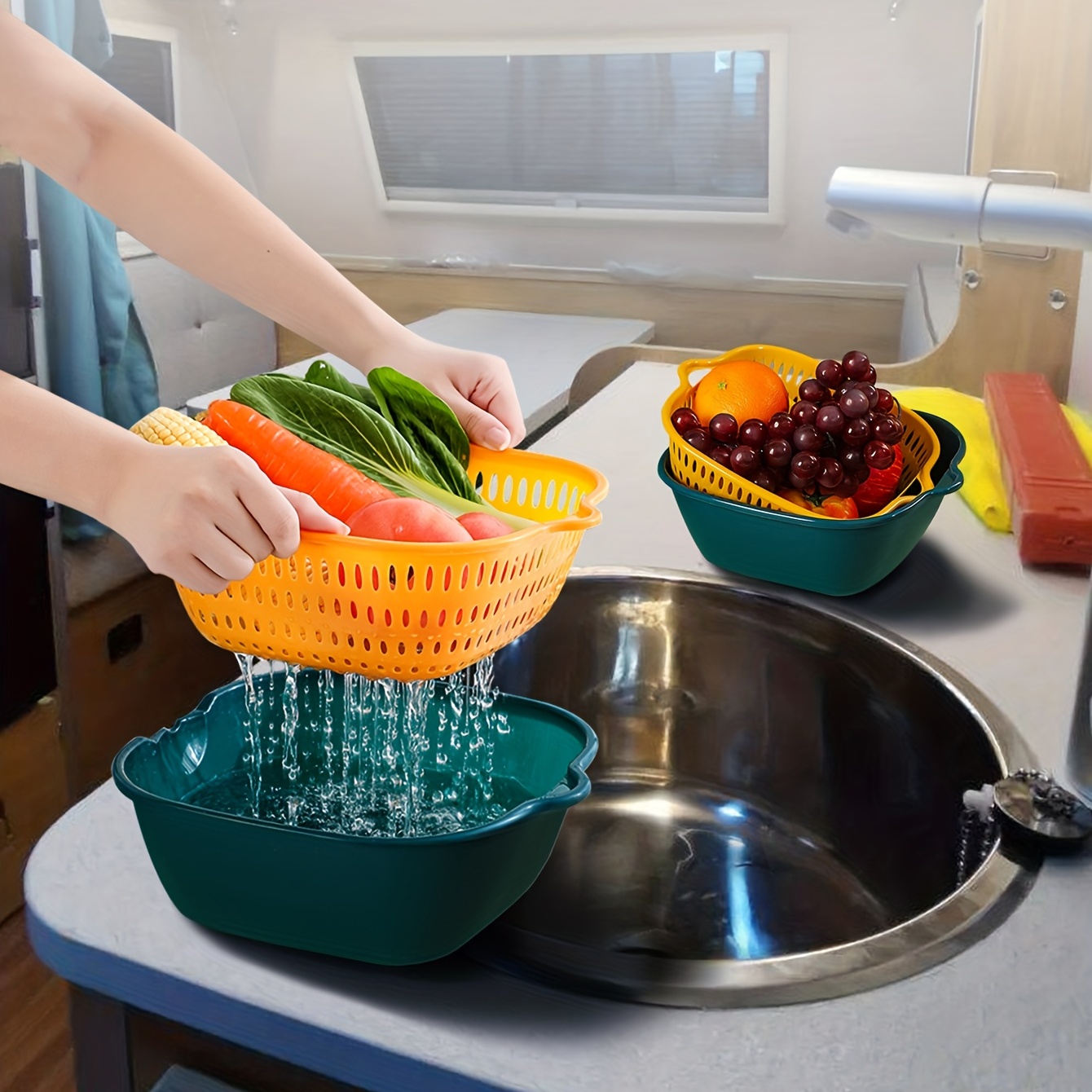 Multi-functional Double-layer Vegetable Wash Basin & Drain Basket