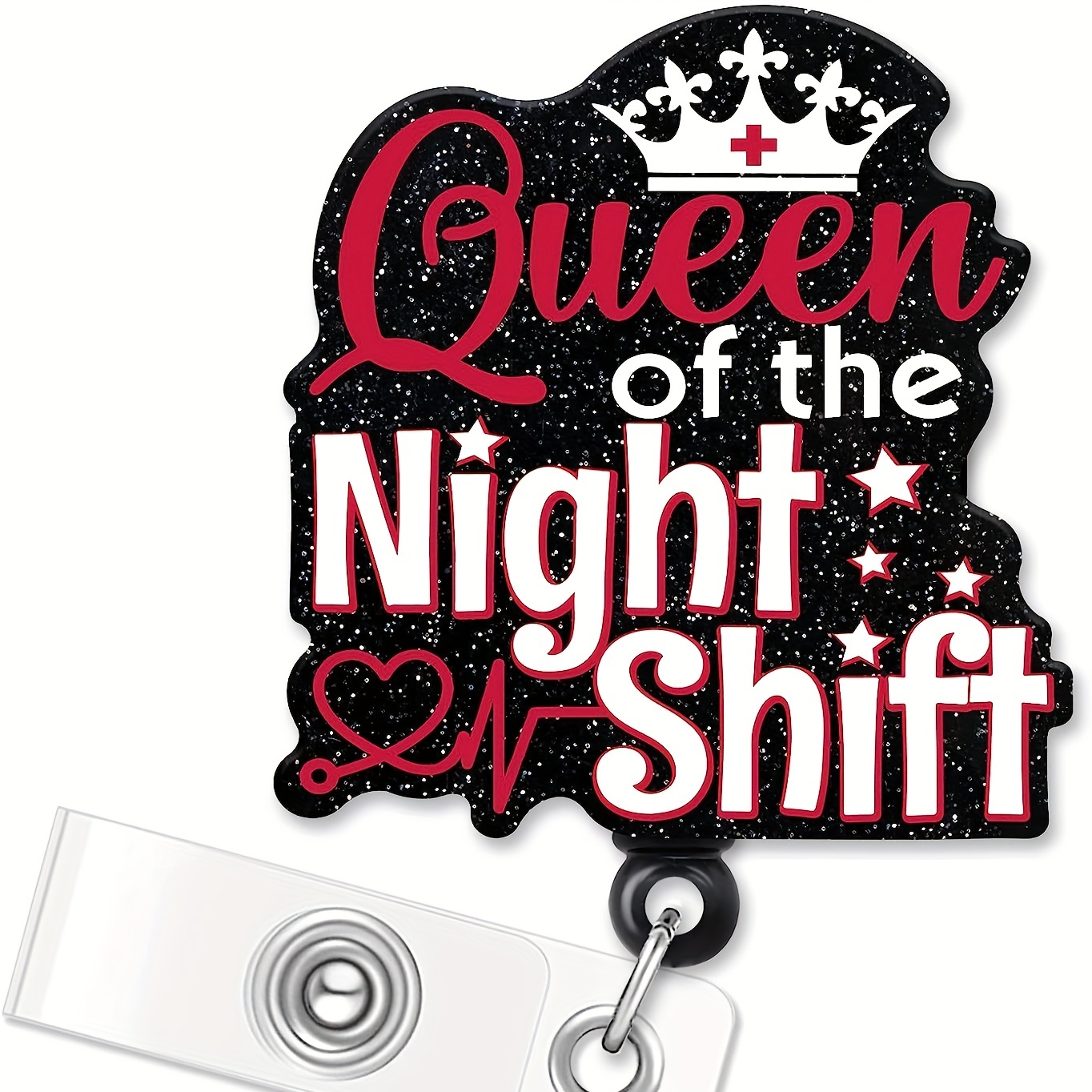 

Erhachaijia Queen Of The Night Shift Retractable Black Glitter Badge Reel With Alligator Clip, Funny Id Card Badge Holder Gift For Nurses Doctor Social Worker Office Worker Law Enforcement