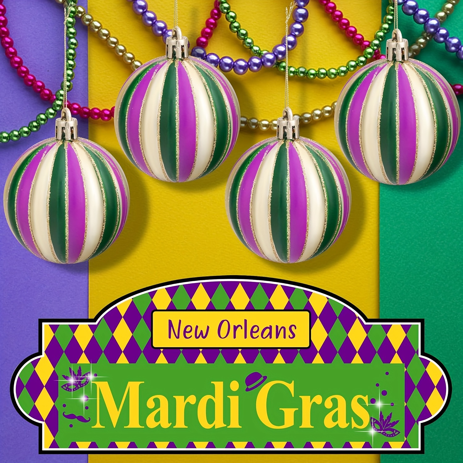 12Pcs Mardi Gras Balls Ornaments for Home Tree- Mardi Gras Decorations-  2.36 Gold Purple Green Glitter Baubles Hanging Ornaments for Mardi Gras
