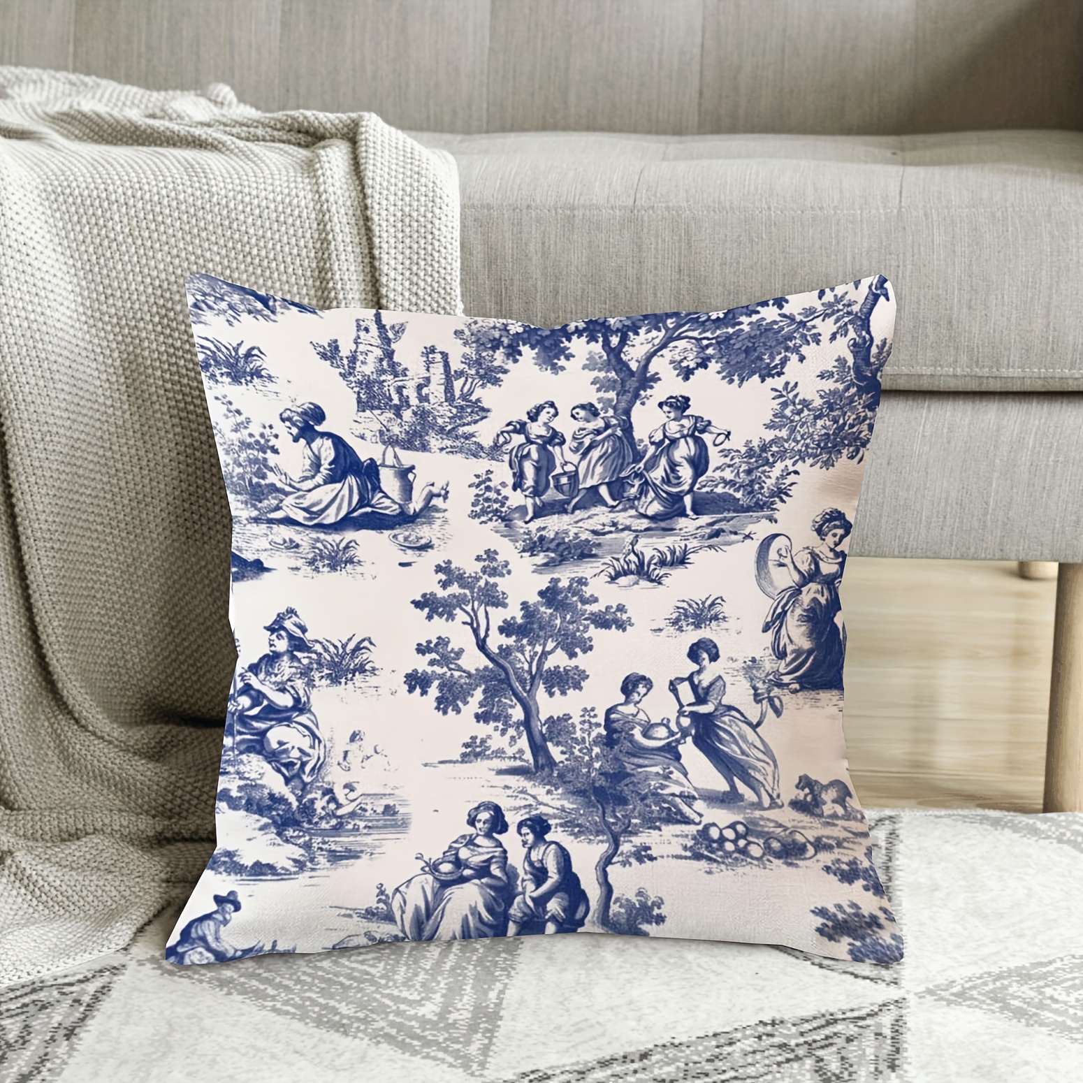 

1pc, Navy Blue White Decorative Blue Toe Printed Pillowcase, French Countryside Cushion Cover, Square Pillowcase, Sofa, Living Room, Home Decoration 18x18 Inches
