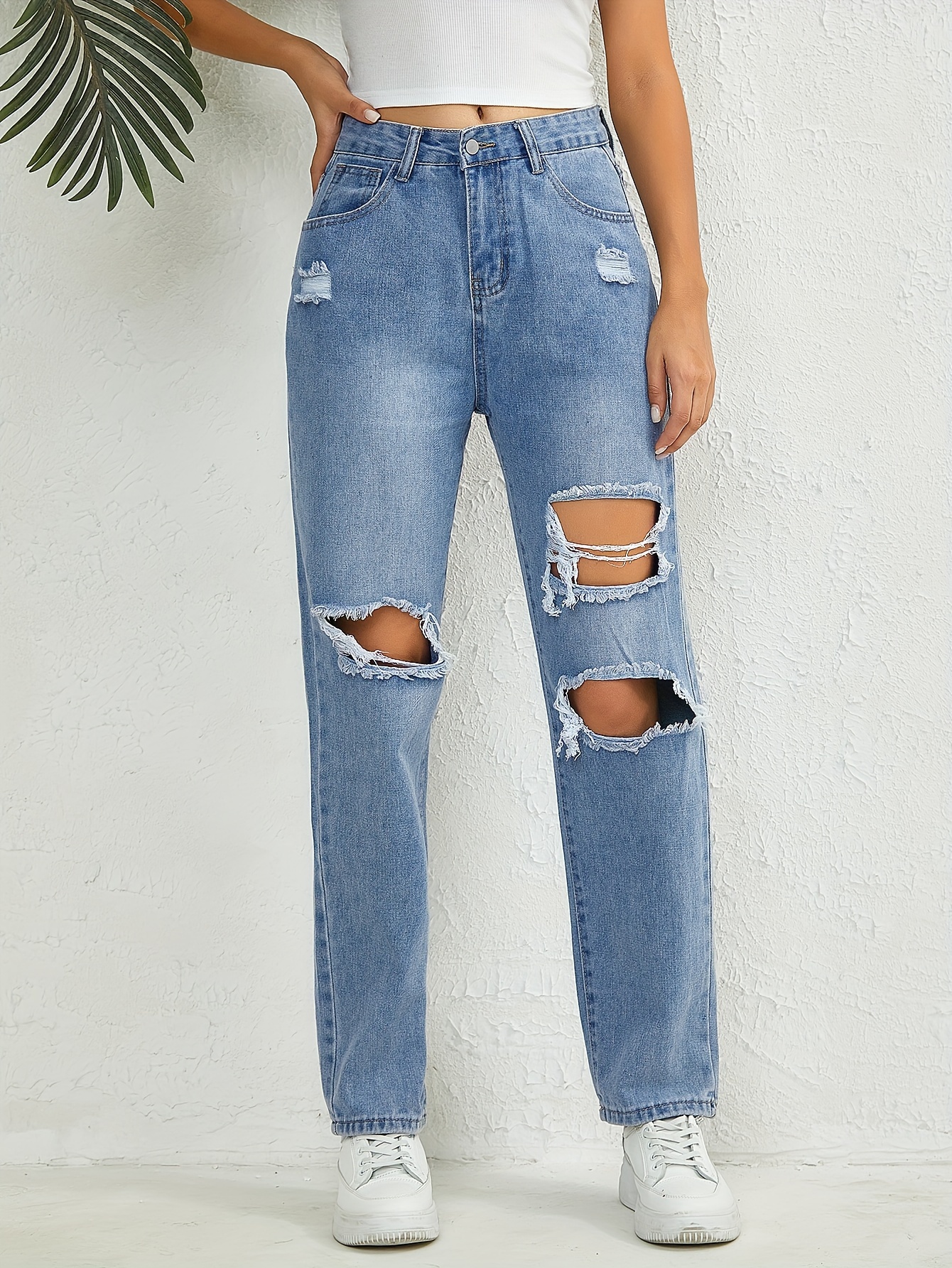 Women's High Waisted Ripped Pants Straight Denim Jeans Casual