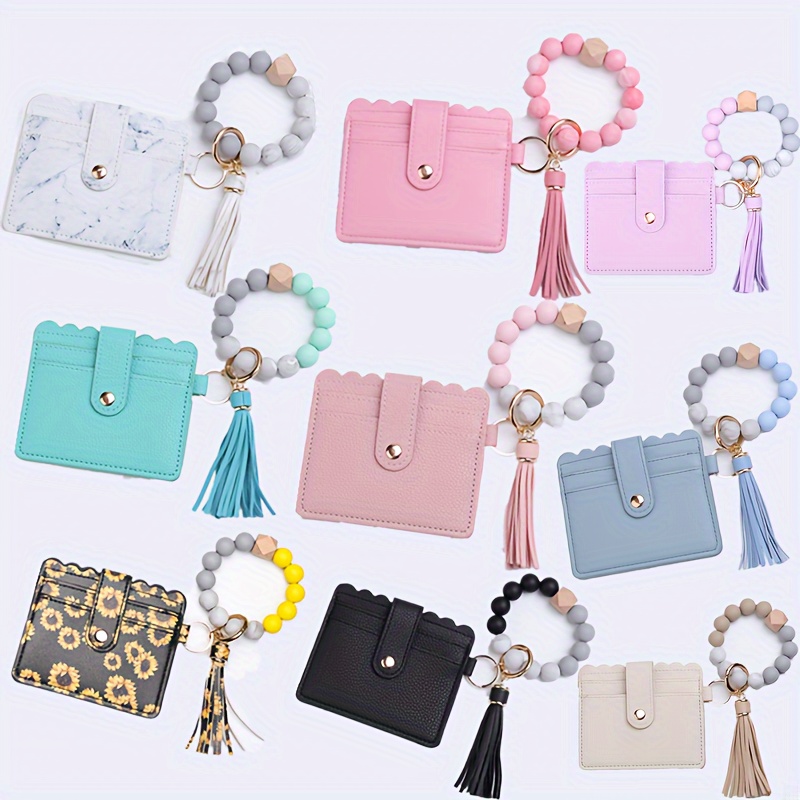 

Silicone Beaded Bracelet Wristlet Keychain With Pu Leather Wallet Card Holder Bag Charm Phone Lanyard Earbud Case Cover Accessories Women Girls Gift