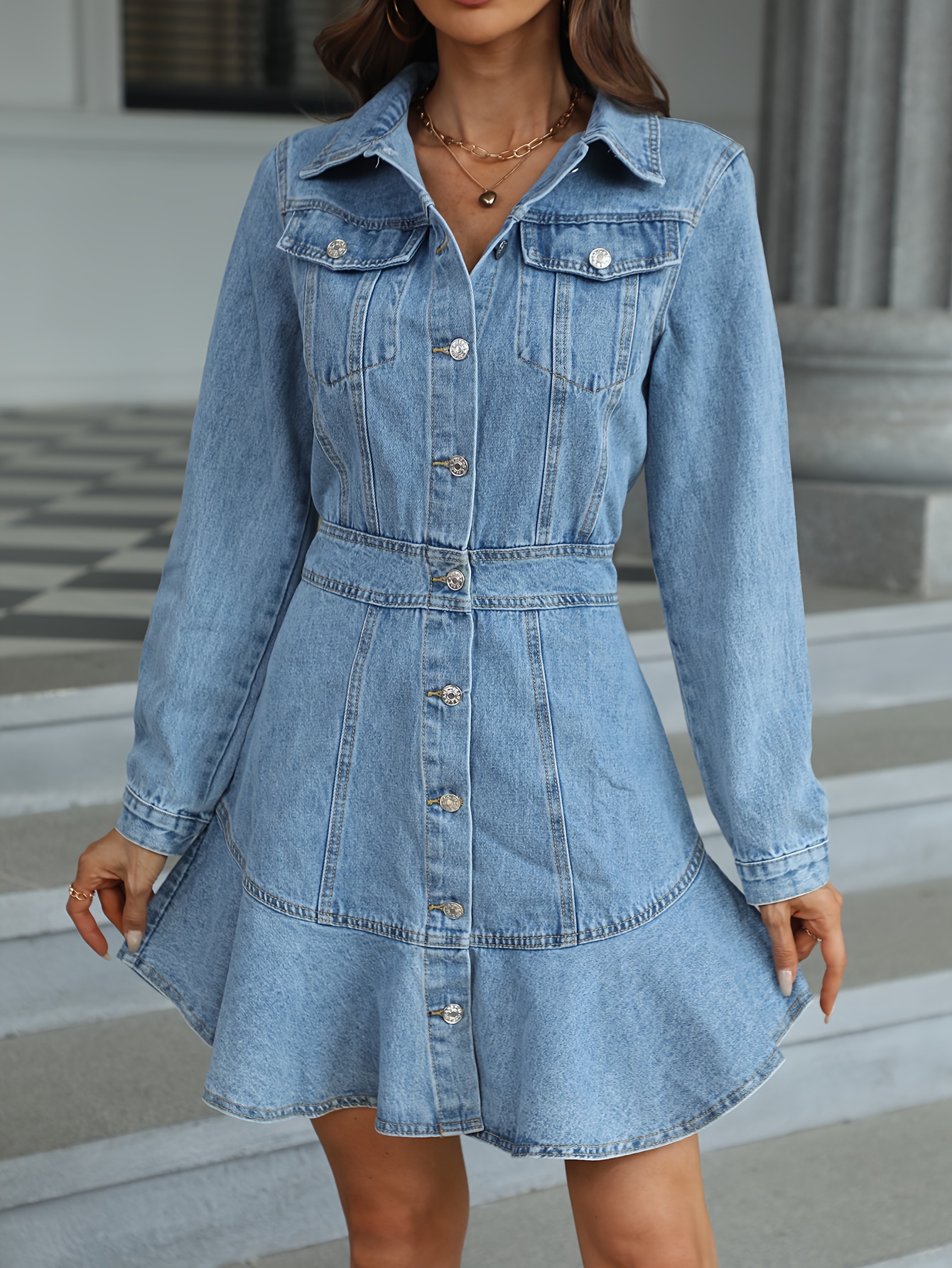 Split Back Pinafore Denim Dress With Slash Pockets, Adjustable Straps Clasp  Long Vintage Style Denim Dress, Women's Denim Jeans & Clothing