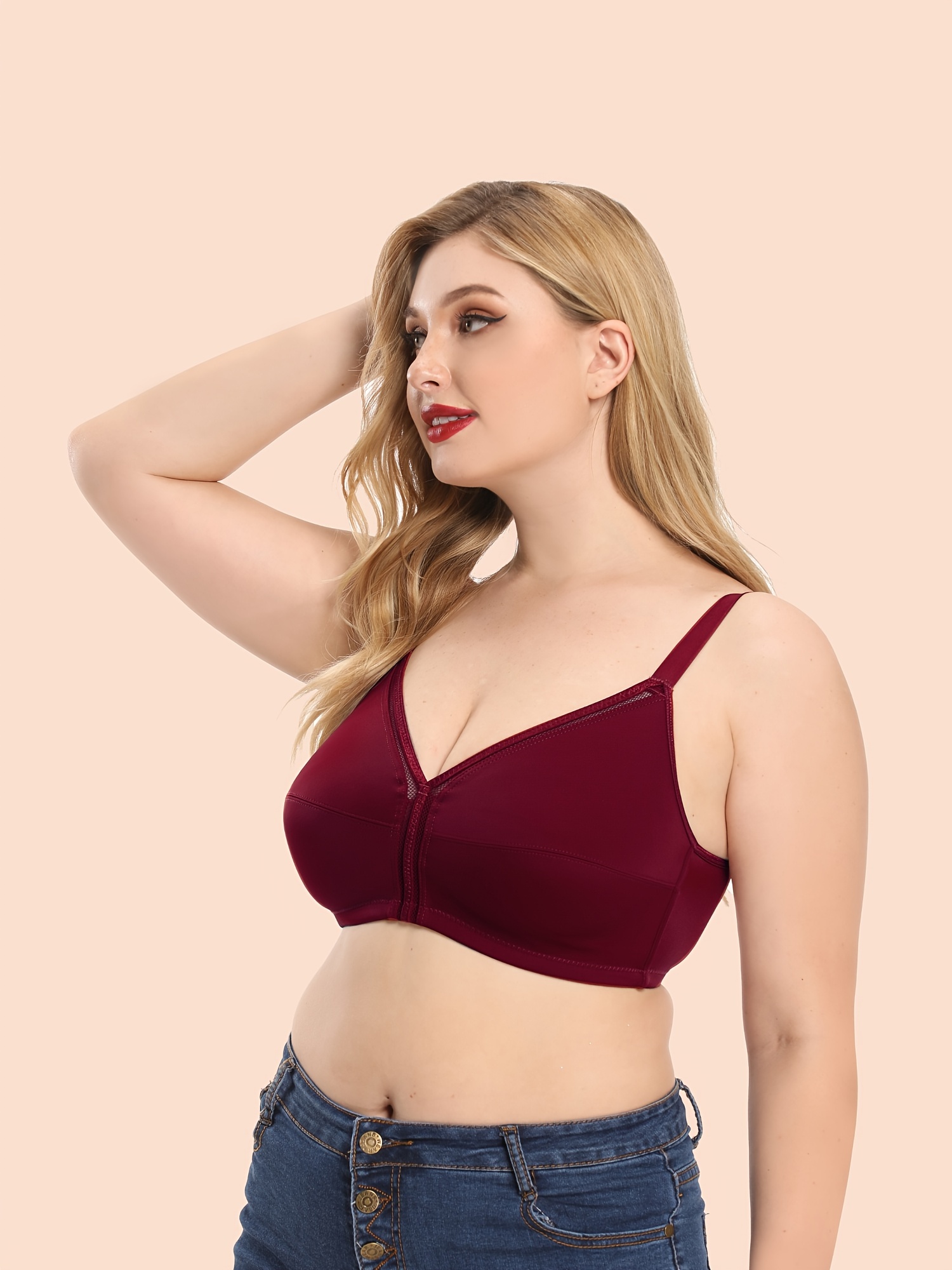 Plus Size Contrast Mesh Solid Color Bra Women's Plus Full - Temu